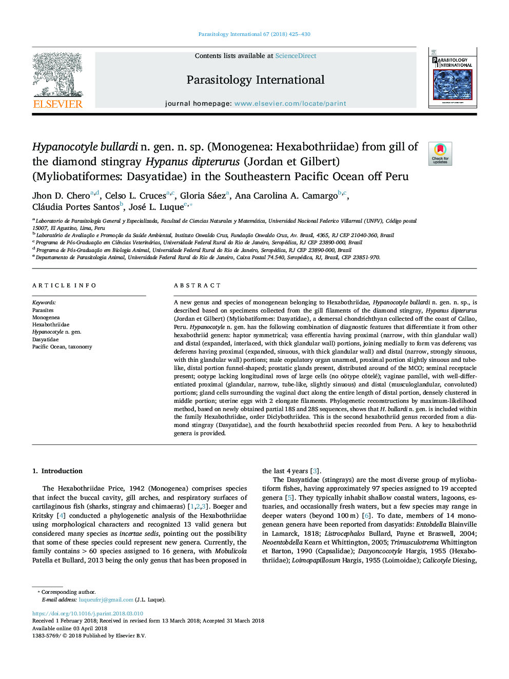 Hypanocotyle bullardi n. gen. n. sp. (Monogenea: Hexabothriidae) from gill of the diamond stingray Hypanus dipterurus (Jordan et Gilbert) (Myliobatiformes: Dasyatidae) in the Southeastern Pacific Ocean off Peru