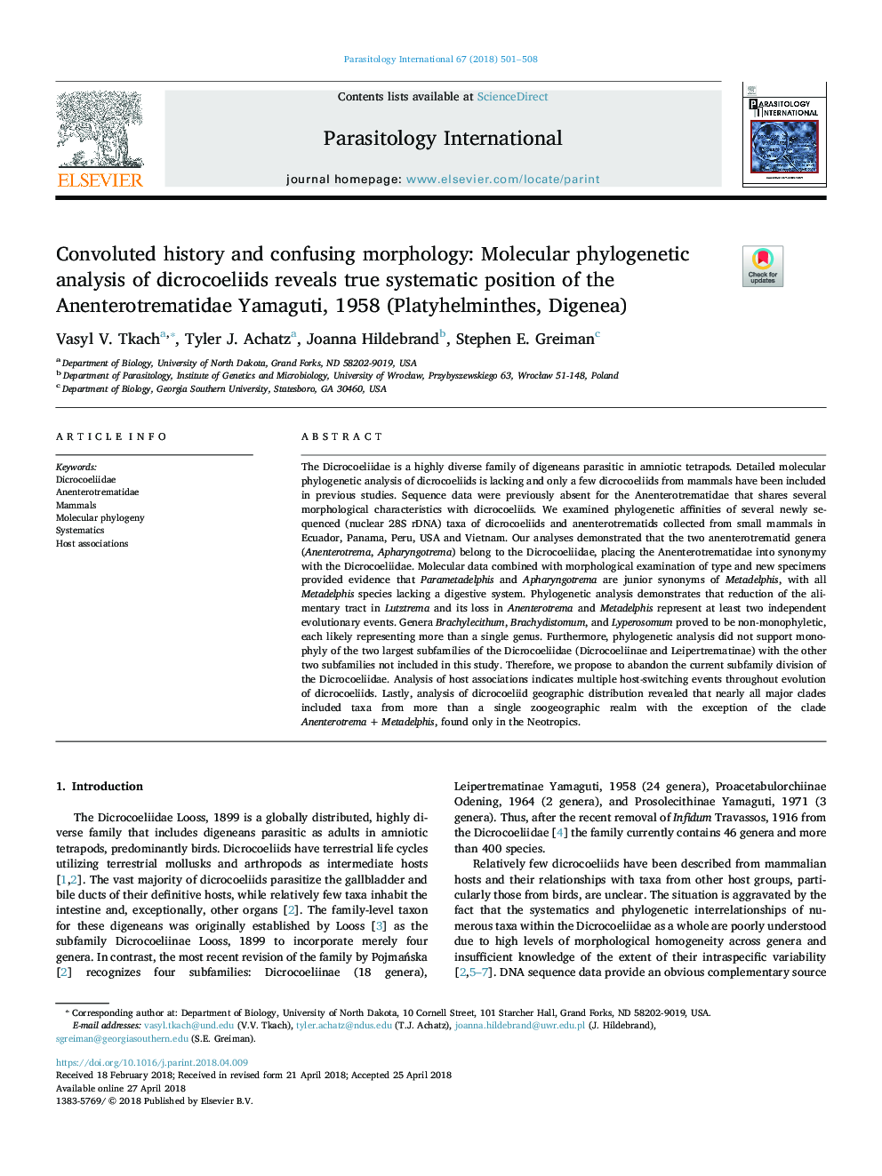 Convoluted history and confusing morphology: Molecular phylogenetic analysis of dicrocoeliids reveals true systematic position of the Anenterotrematidae Yamaguti, 1958 (Platyhelminthes, Digenea)