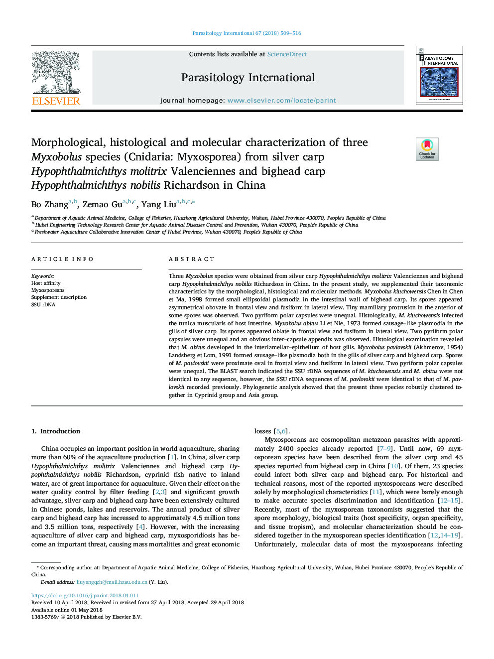 Morphological, histological and molecular characterization of three Myxobolus species (Cnidaria: Myxosporea) from silver carp Hypophthalmichthys molitrix Valenciennes and bighead carp Hypophthalmichthys nobilis Richardson in China