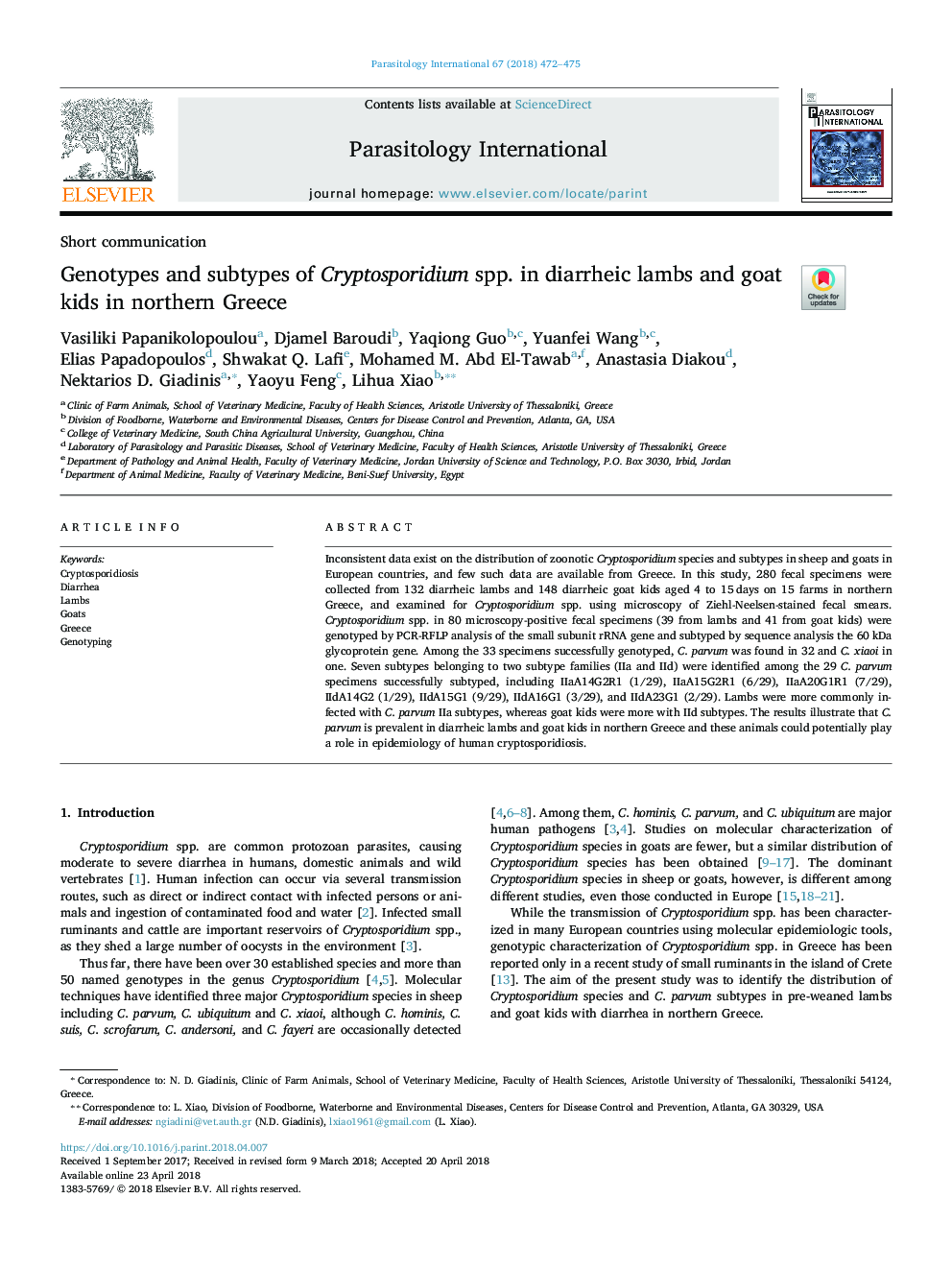 Genotypes and subtypes of Cryptosporidium spp. in diarrheic lambs and goat kids in northern Greece