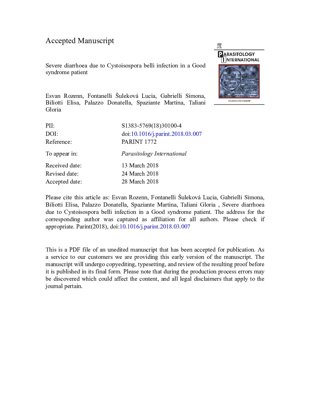 Severe diarrhoea due to Cystoisospora belli infection in a Good syndrome patient