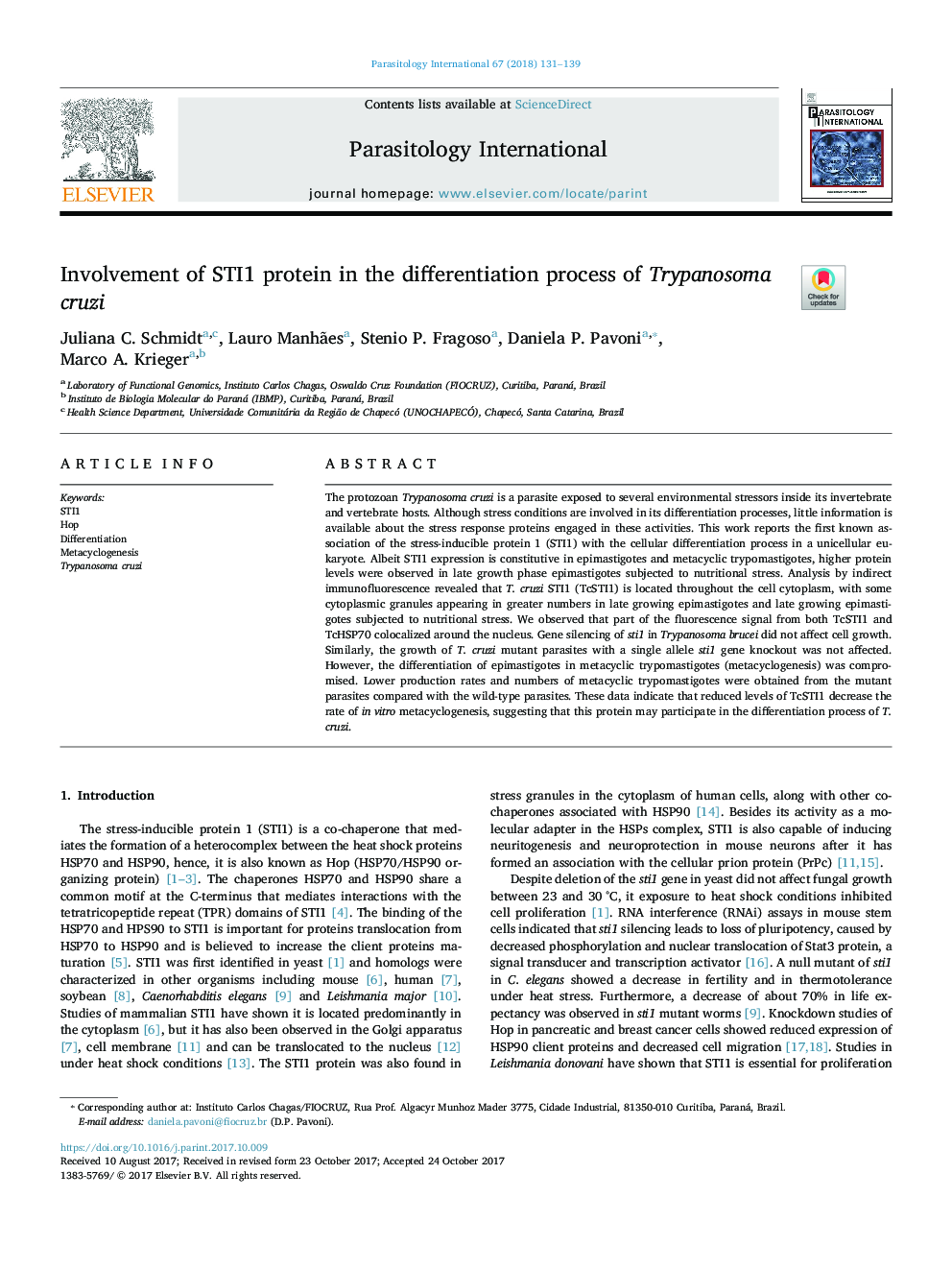 Involvement of STI1 protein in the differentiation process of Trypanosoma cruzi