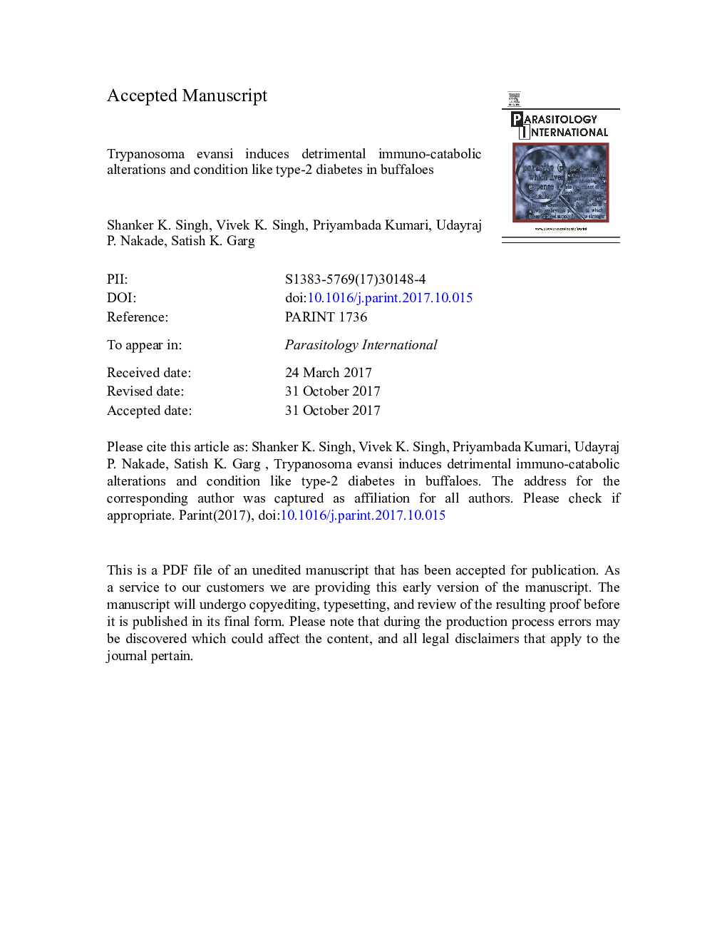 Trypanosoma evansi induces detrimental immuno-catabolic alterations and condition like type-2 diabetes in buffaloes