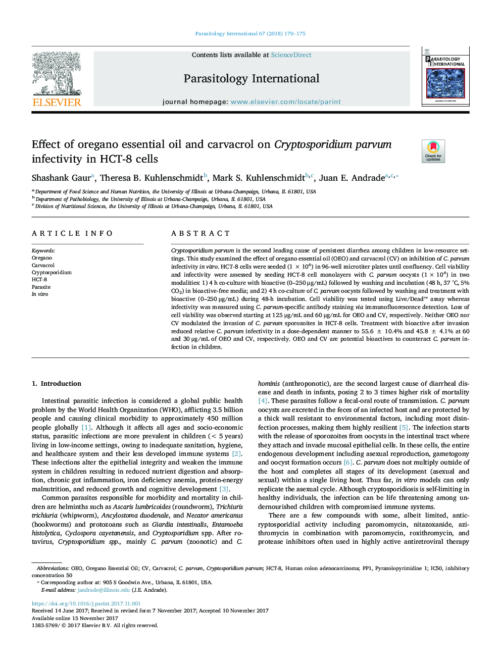 Effect of oregano essential oil and carvacrol on Cryptosporidium parvum infectivity in HCT-8 cells