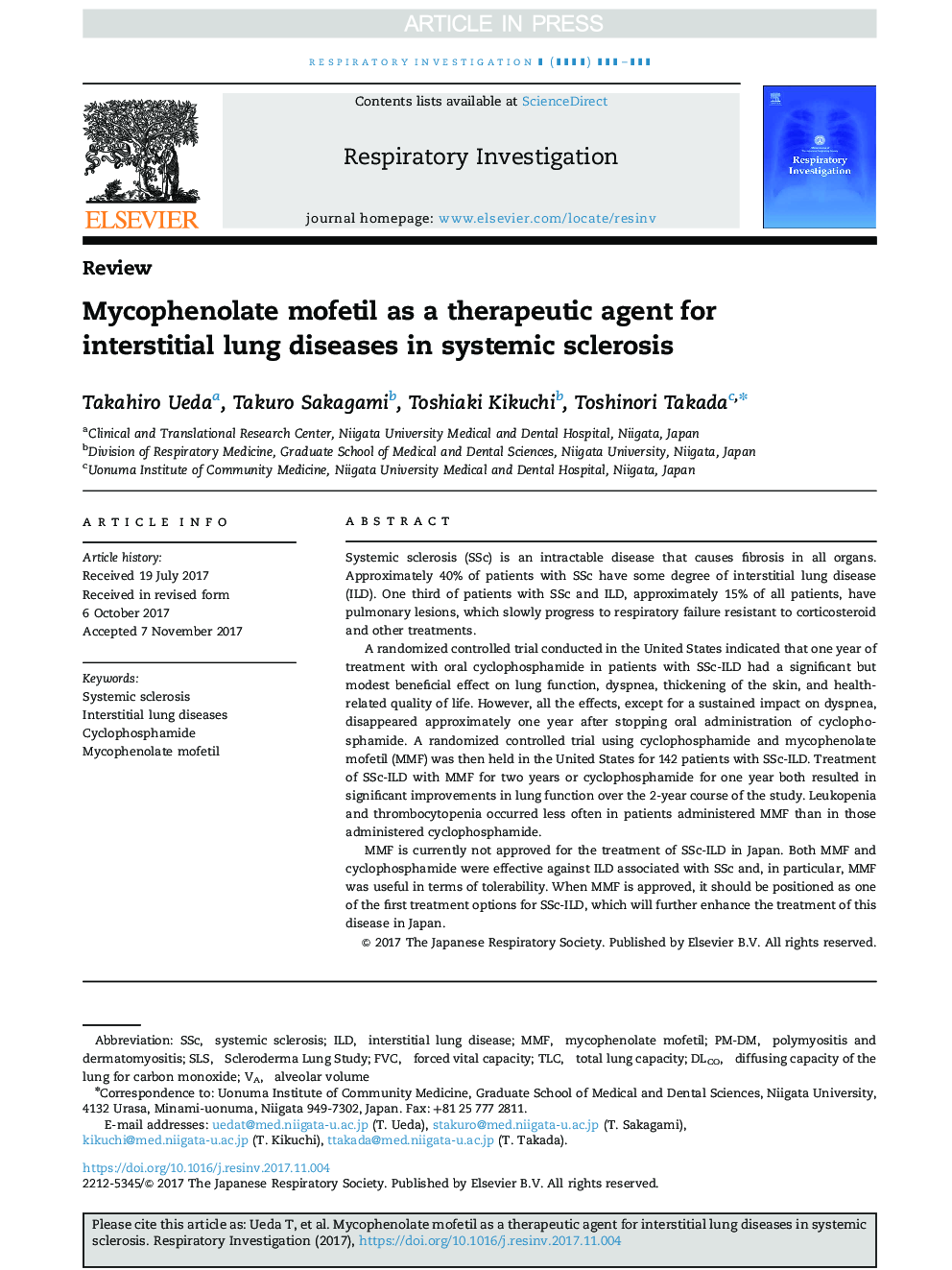 Mycophenolate mofetil as a therapeutic agent for interstitial lung diseases in systemic sclerosis