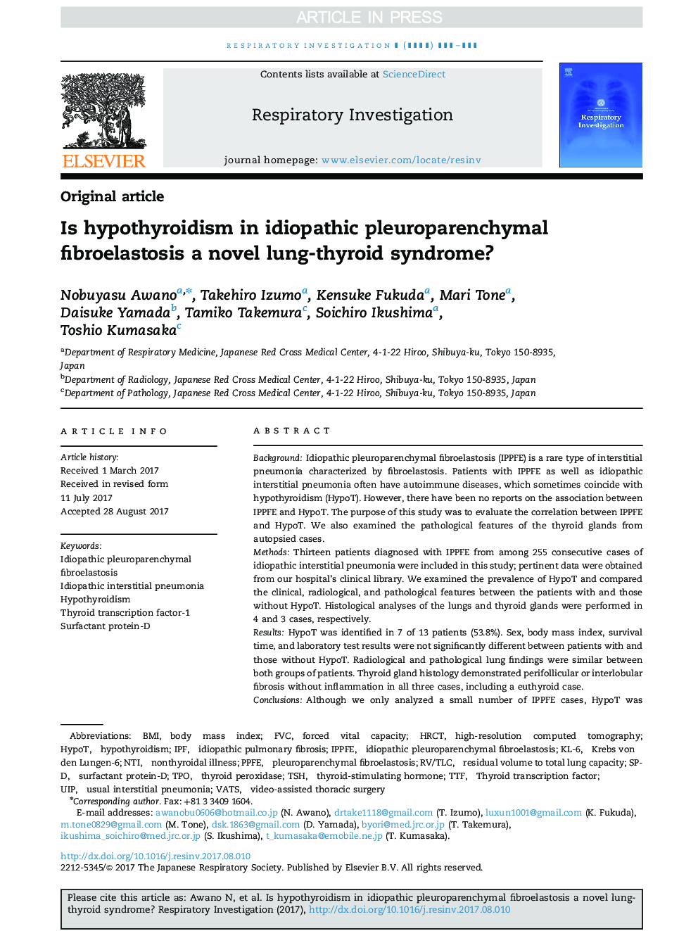 عکس صفحه اول مقاله: Is hypothyroidism in idiopathic pleuroparenchymal fibroelastosis a novel lung-thyroid syndrome? Is hypothyroidism in idiopathic pleuroparenchymal fibroelastosis a novel lung-thyroid syndrome?