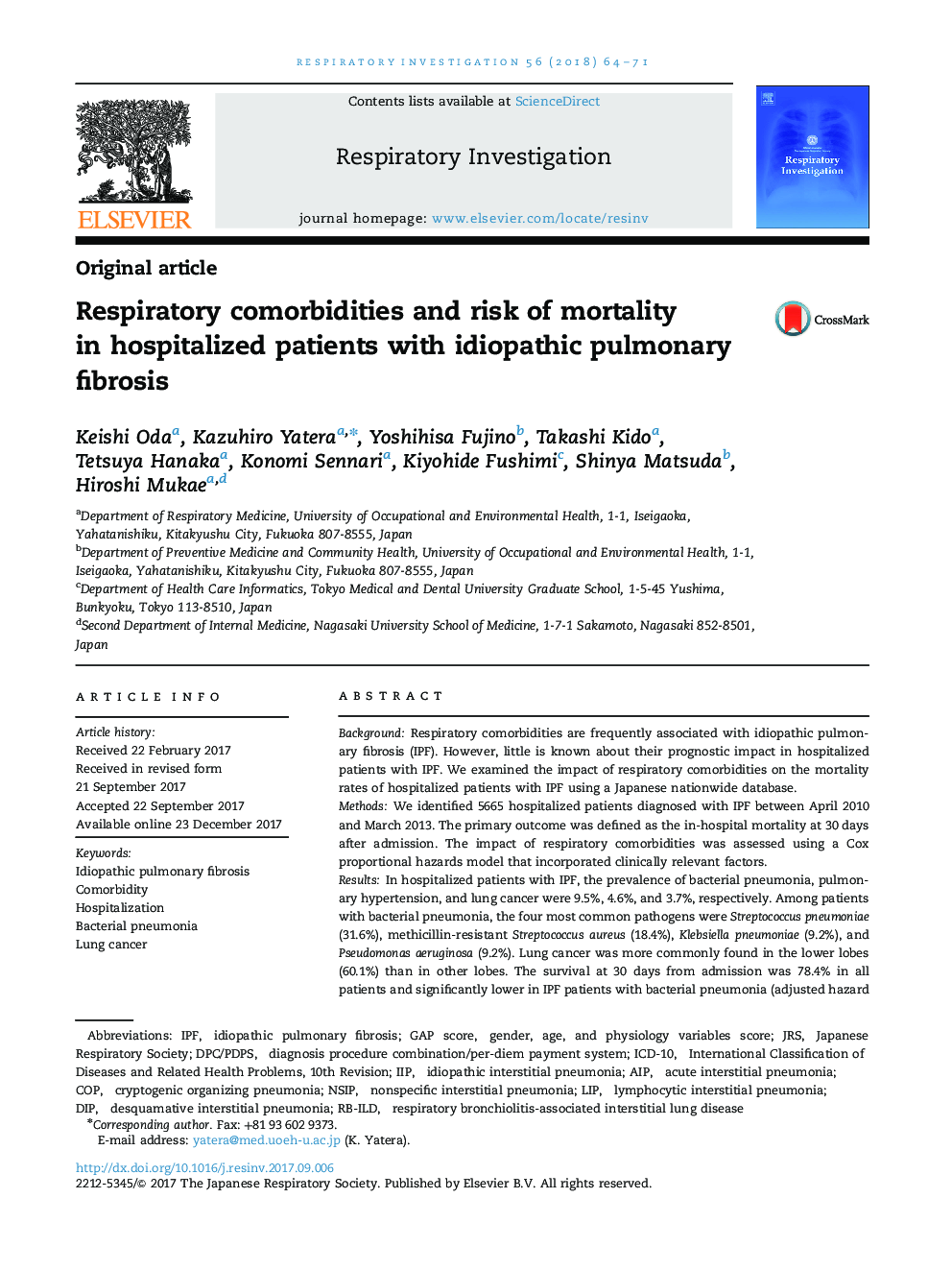 Respiratory comorbidities and risk of mortality in hospitalized patients with idiopathic pulmonary fibrosis