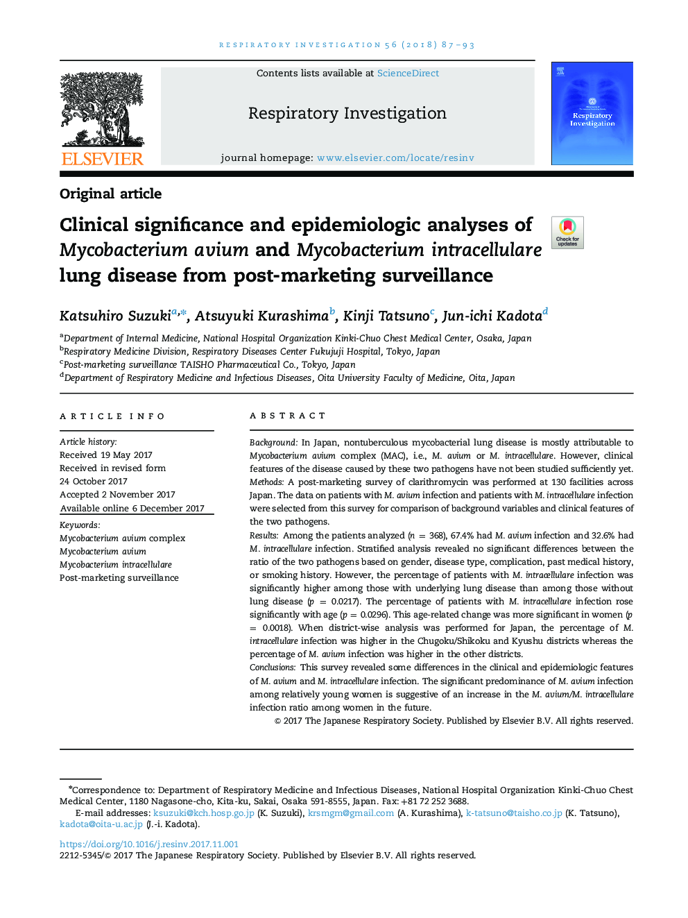 Clinical significance and epidemiologic analyses of Mycobacterium avium and Mycobacterium intracellulare lung disease from post-marketing surveillance