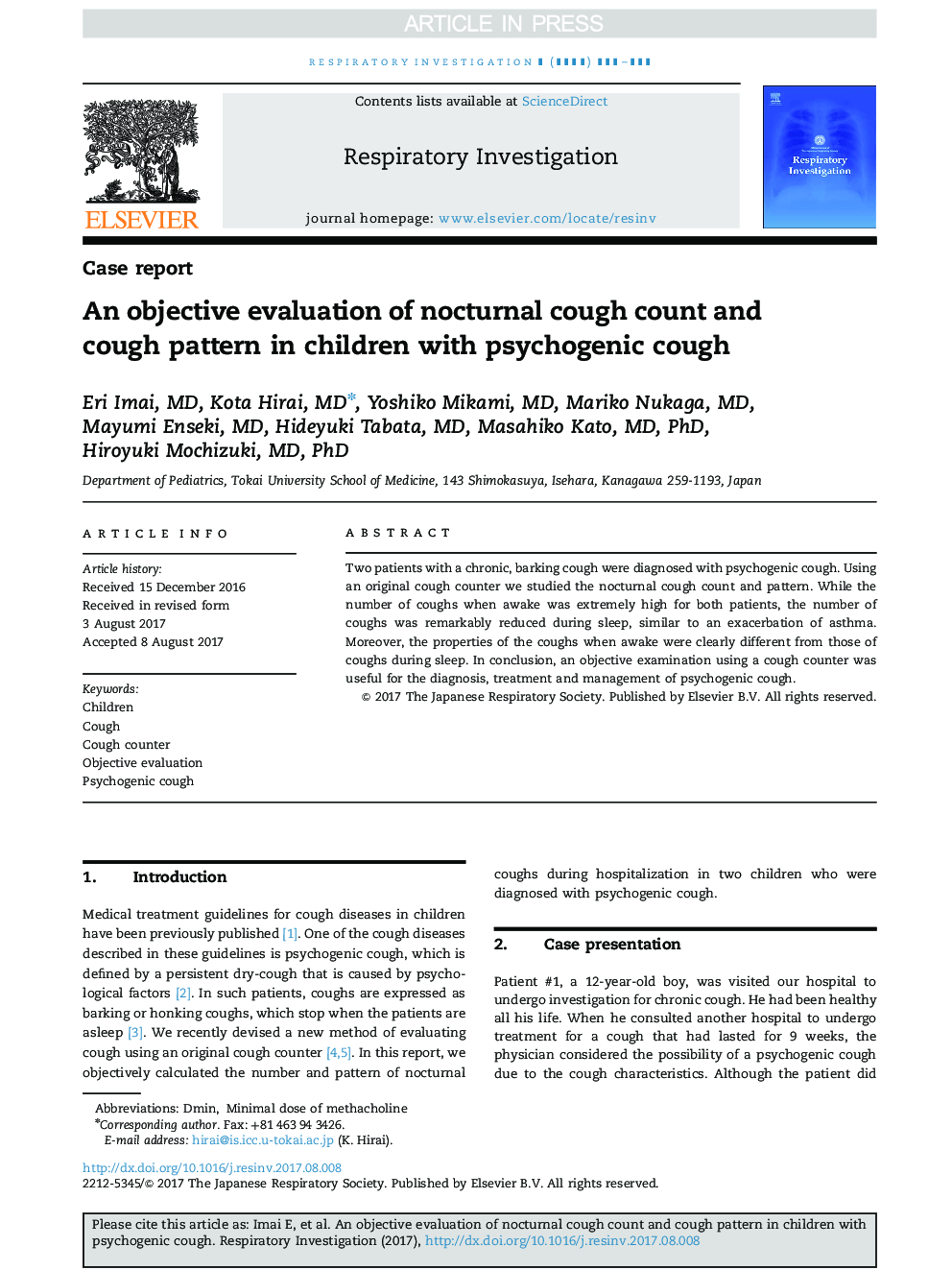 An objective evaluation of nocturnal cough count and cough pattern in children with psychogenic cough