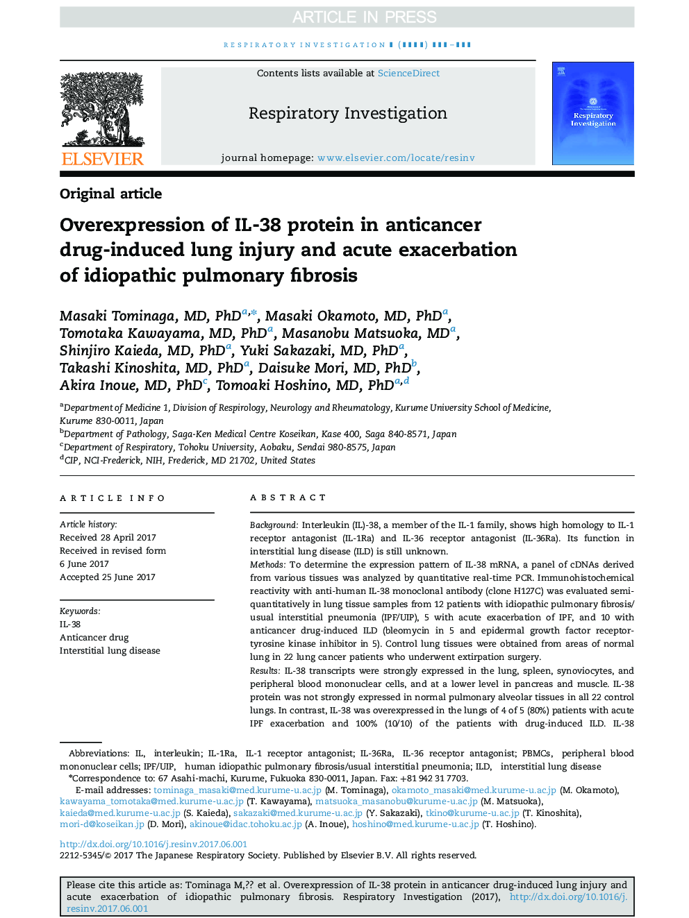 Overexpression of IL-38 protein in anticancer drug-induced lung injury and acute exacerbation of idiopathic pulmonary fibrosis