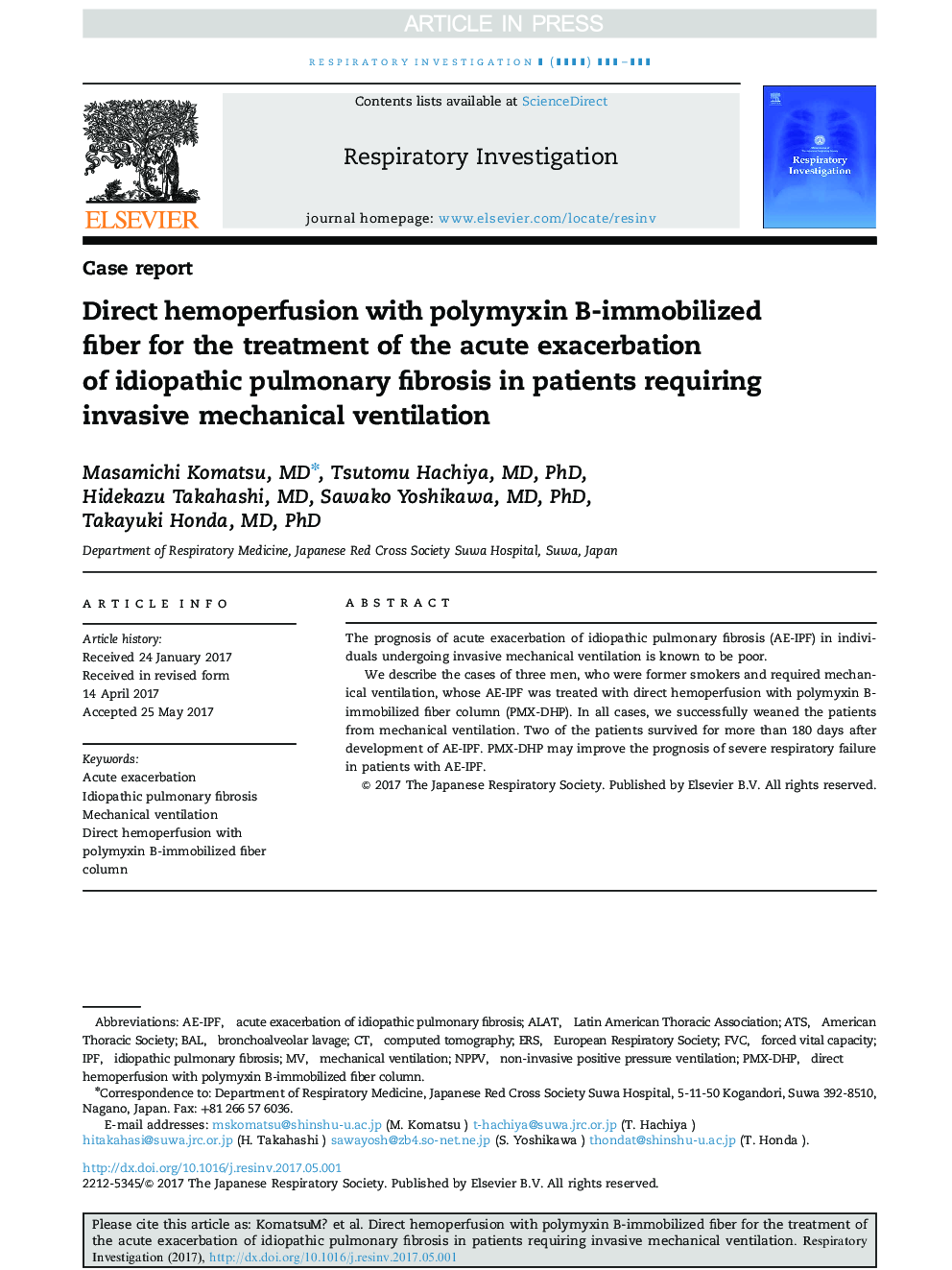 عکس صفحه اول مقاله: Direct hemoperfusion with polymyxin B-immobilized fiber for the treatment of the acute exacerbation of idiopathic pulmonary fibrosis in patients requiring invasive mechanical ventilation Direct hemoperfusion with polymyxin B-immobilized fiber for the treatment of the acute exacerbation of idiopathic pulmonary fibrosis in patients requiring invasive mechanical ventilation