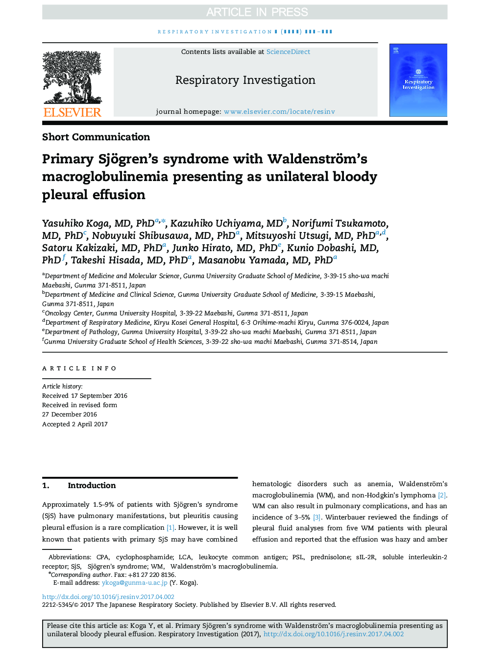 Primary Sjögren's syndrome with Waldenström's macroglobulinemia presenting as unilateral bloody pleural effusion