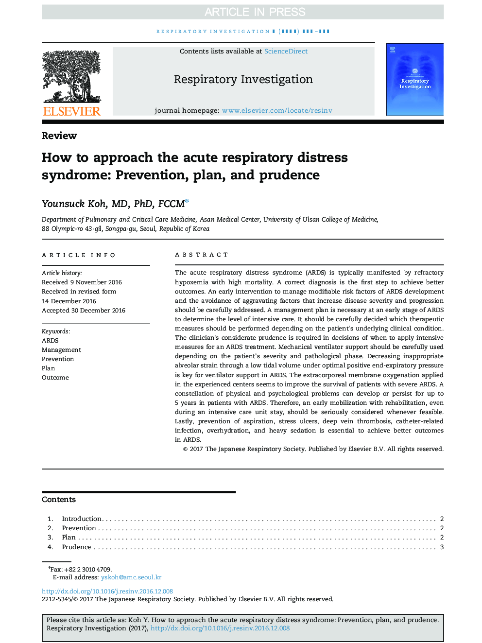 How to approach the acute respiratory distress syndrome: Prevention, plan, and prudence