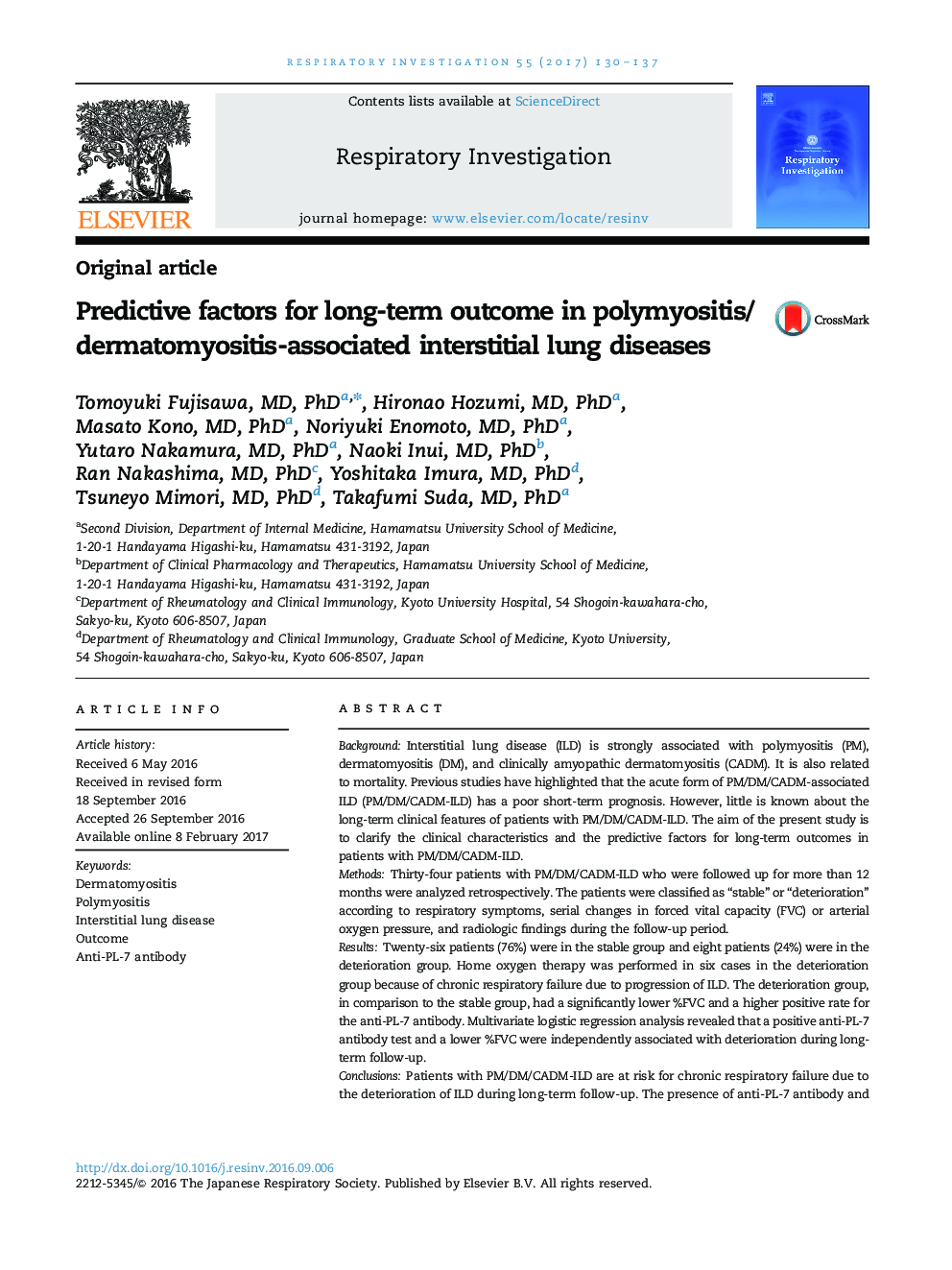 Predictive factors for long-term outcome in polymyositis/dermatomyositis-associated interstitial lung diseases