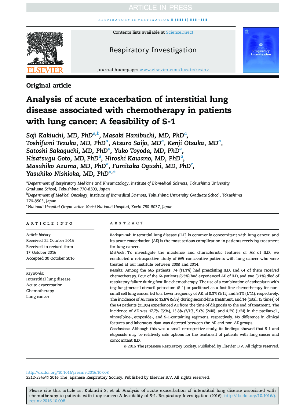 Analysis of acute exacerbation of interstitial lung disease associated with chemotherapy in patients with lung cancer: A feasibility of S-1