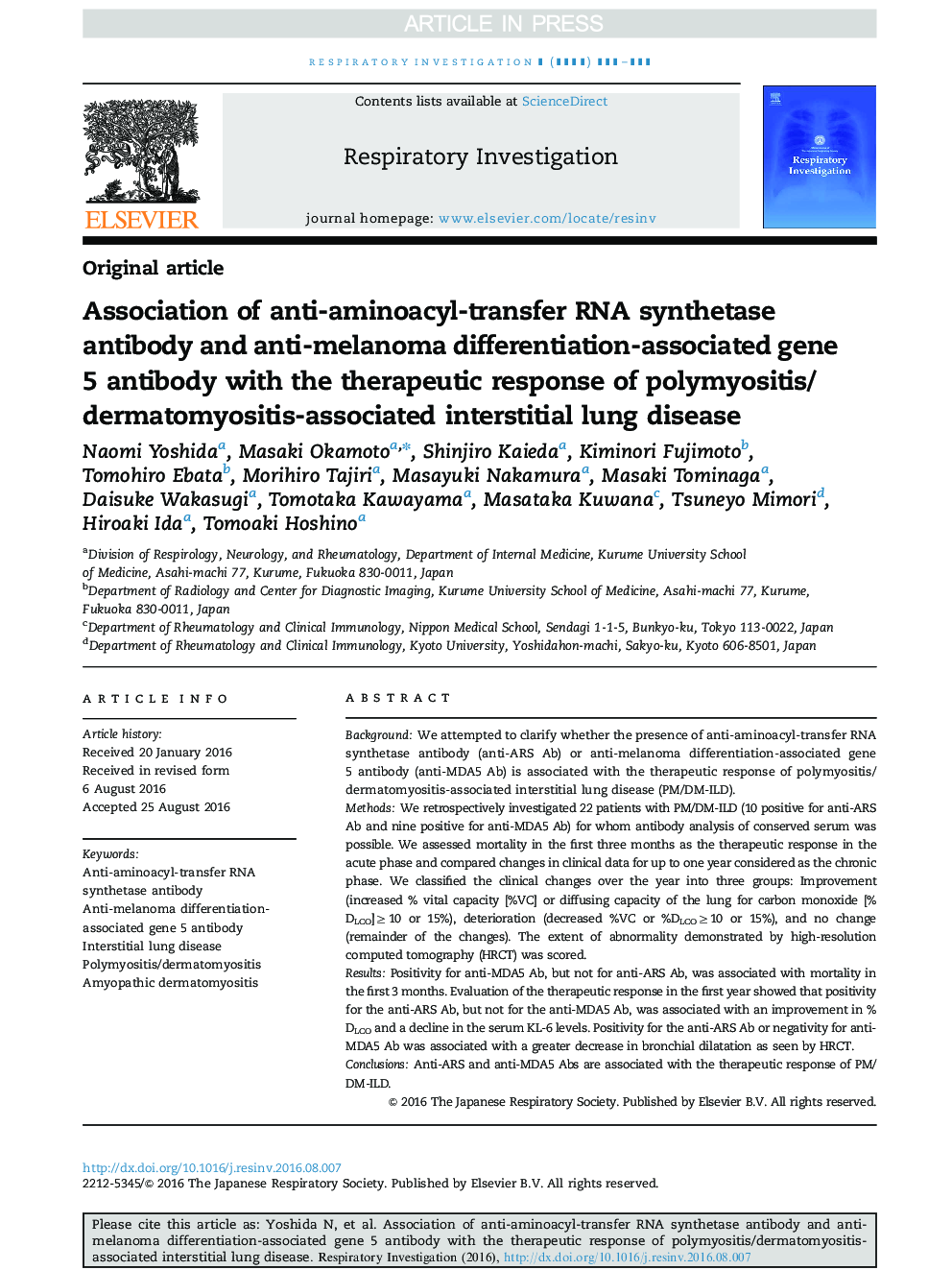 Association of anti-aminoacyl-transfer RNA synthetase antibody and anti-melanoma differentiation-associated gene 5 antibody with the therapeutic response of polymyositis/dermatomyositis-associated interstitial lung disease