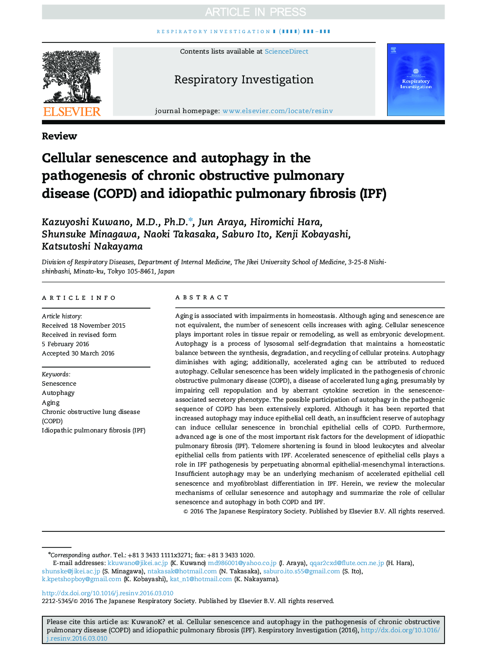 Cellular senescence and autophagy in the pathogenesis of chronic obstructive pulmonary disease (COPD) and idiopathic pulmonary fibrosis (IPF)