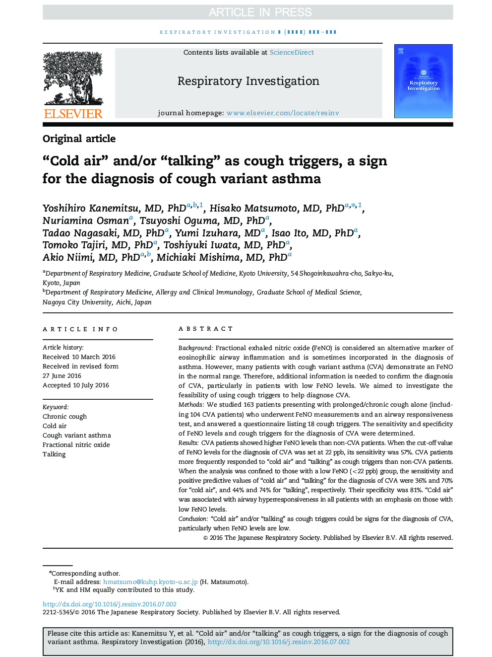 “Cold air” and/or “talking” as cough triggers, a sign for the diagnosis of cough variant asthma