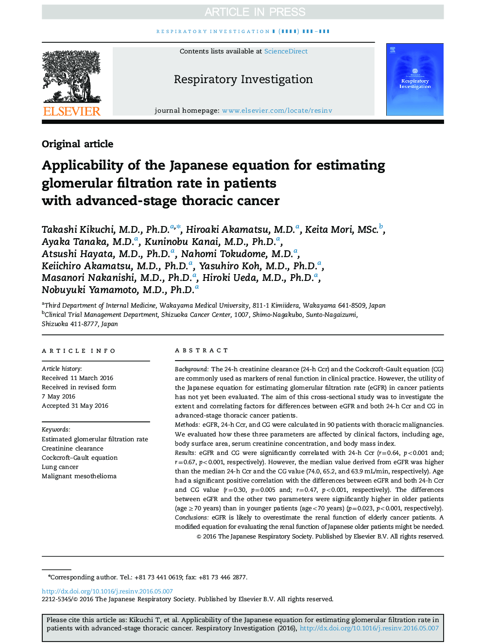 Applicability of the Japanese equation for estimating glomerular filtration rate in patients with advanced-stage thoracic cancer