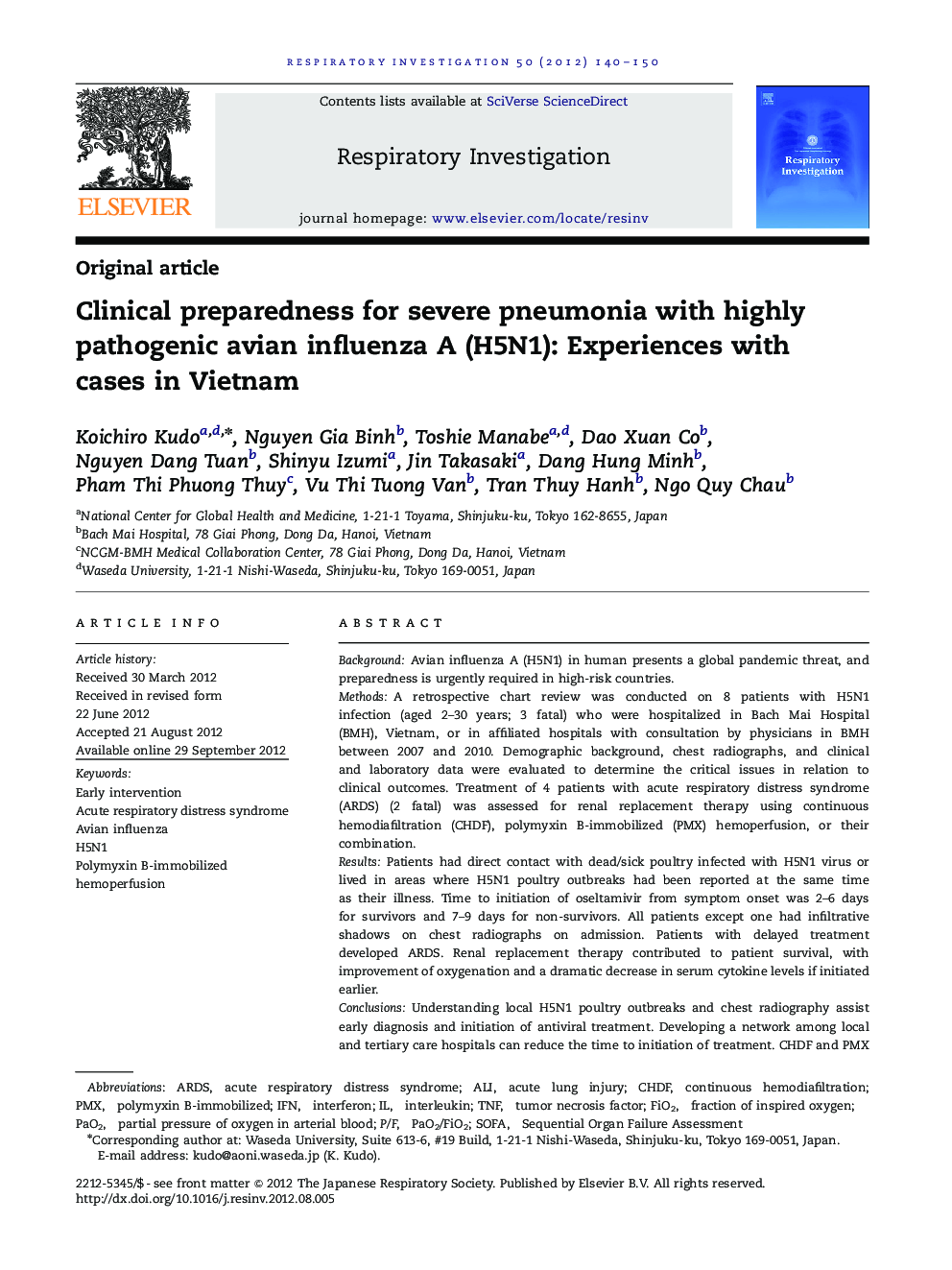 Clinical preparedness for severe pneumonia with highly pathogenic avian influenza A (H5N1): Experiences with cases in Vietnam