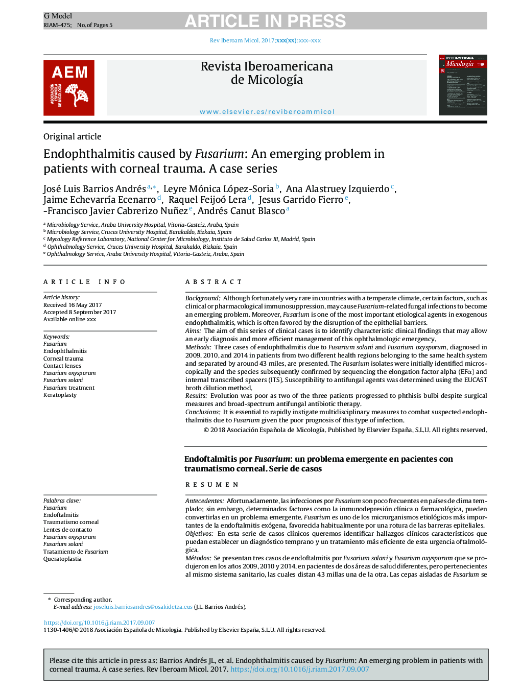 Endophthalmitis caused by Fusarium: An emerging problem in patients with corneal trauma. A case series