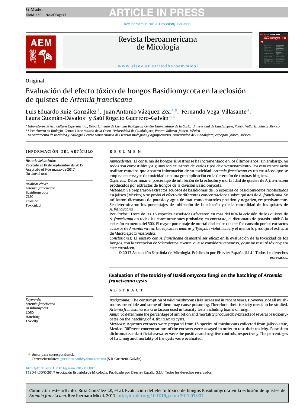 Evaluación del efecto tóxico de hongos Basidiomycota en la eclosión de quistes de Artemia franciscana
