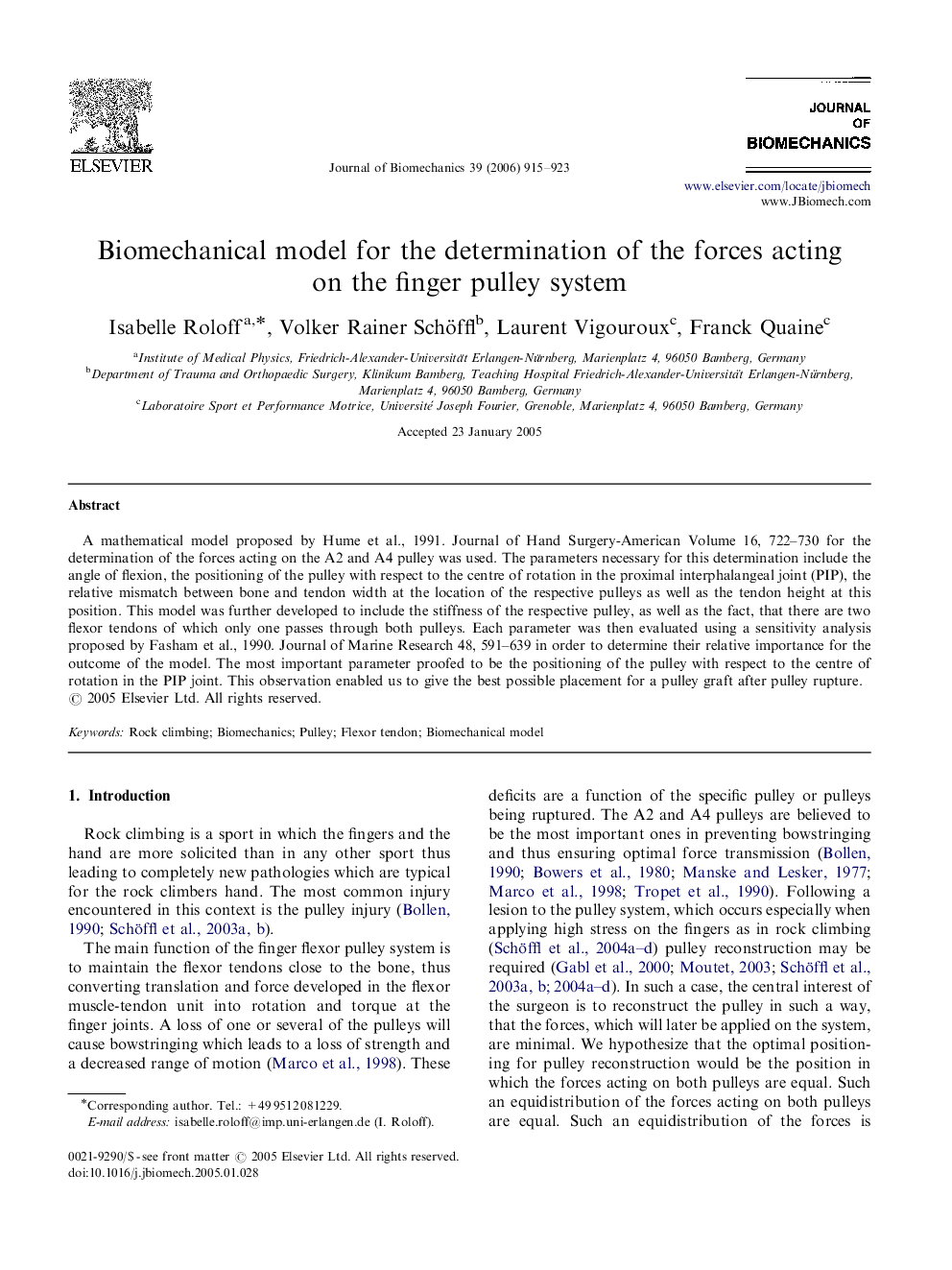 Biomechanical model for the determination of the forces acting on the finger pulley system