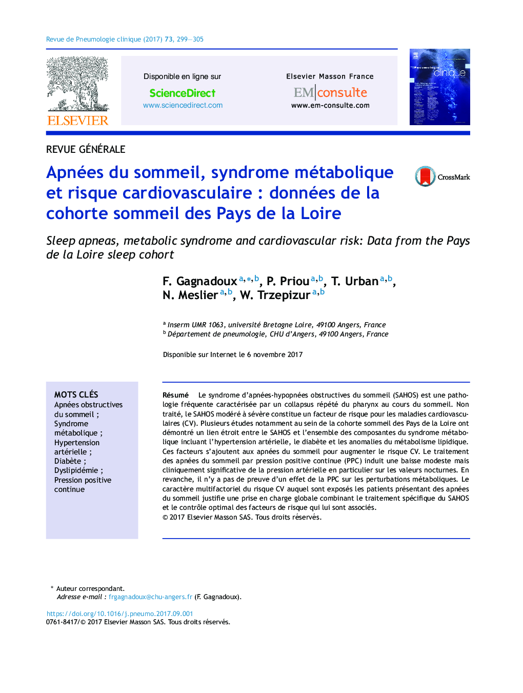 Apnées du sommeil, syndrome métabolique et risque cardiovasculaireÂ : données de la cohorte sommeil des Pays de la Loire
