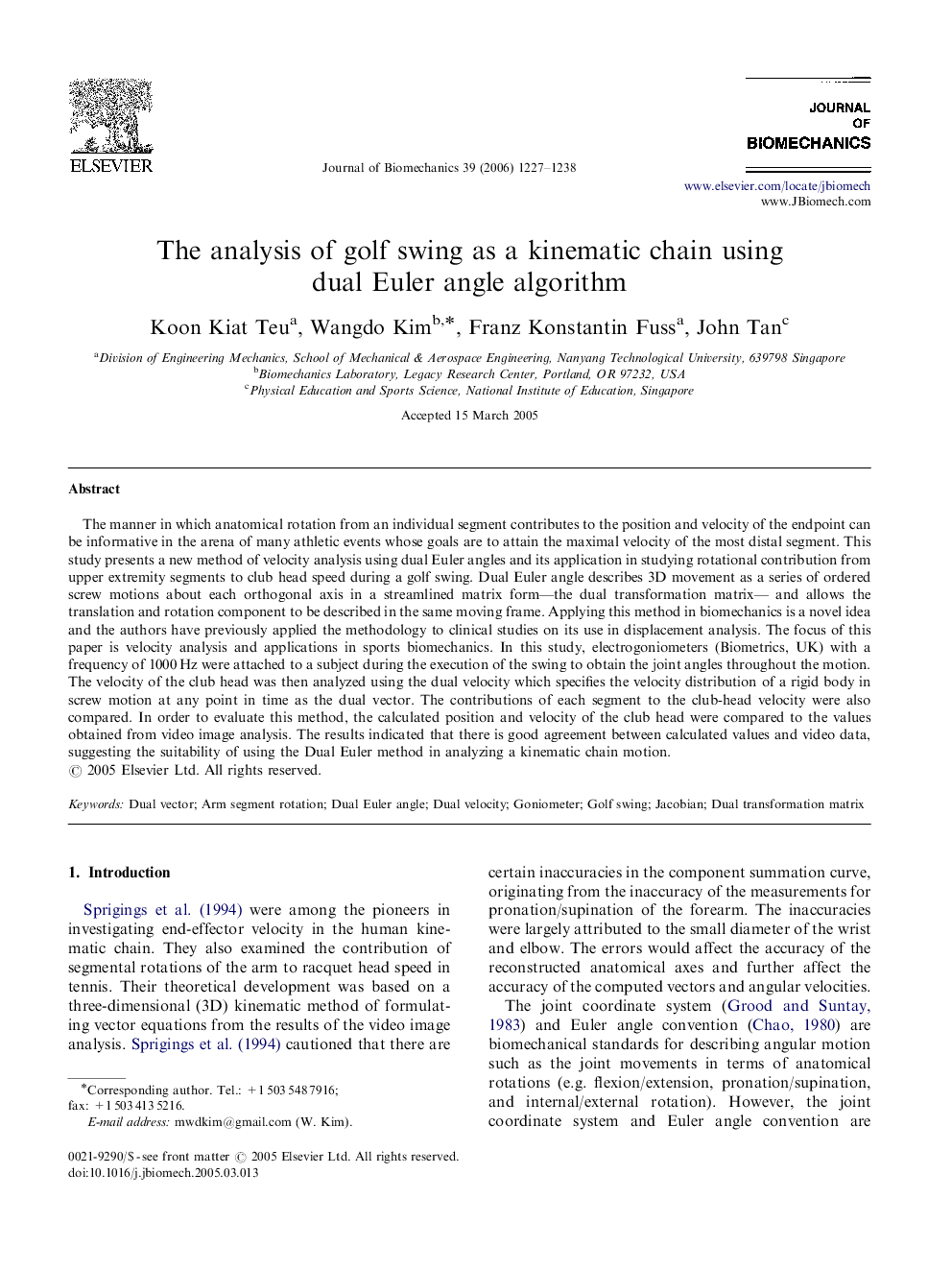 The analysis of golf swing as a kinematic chain using dual Euler angle algorithm