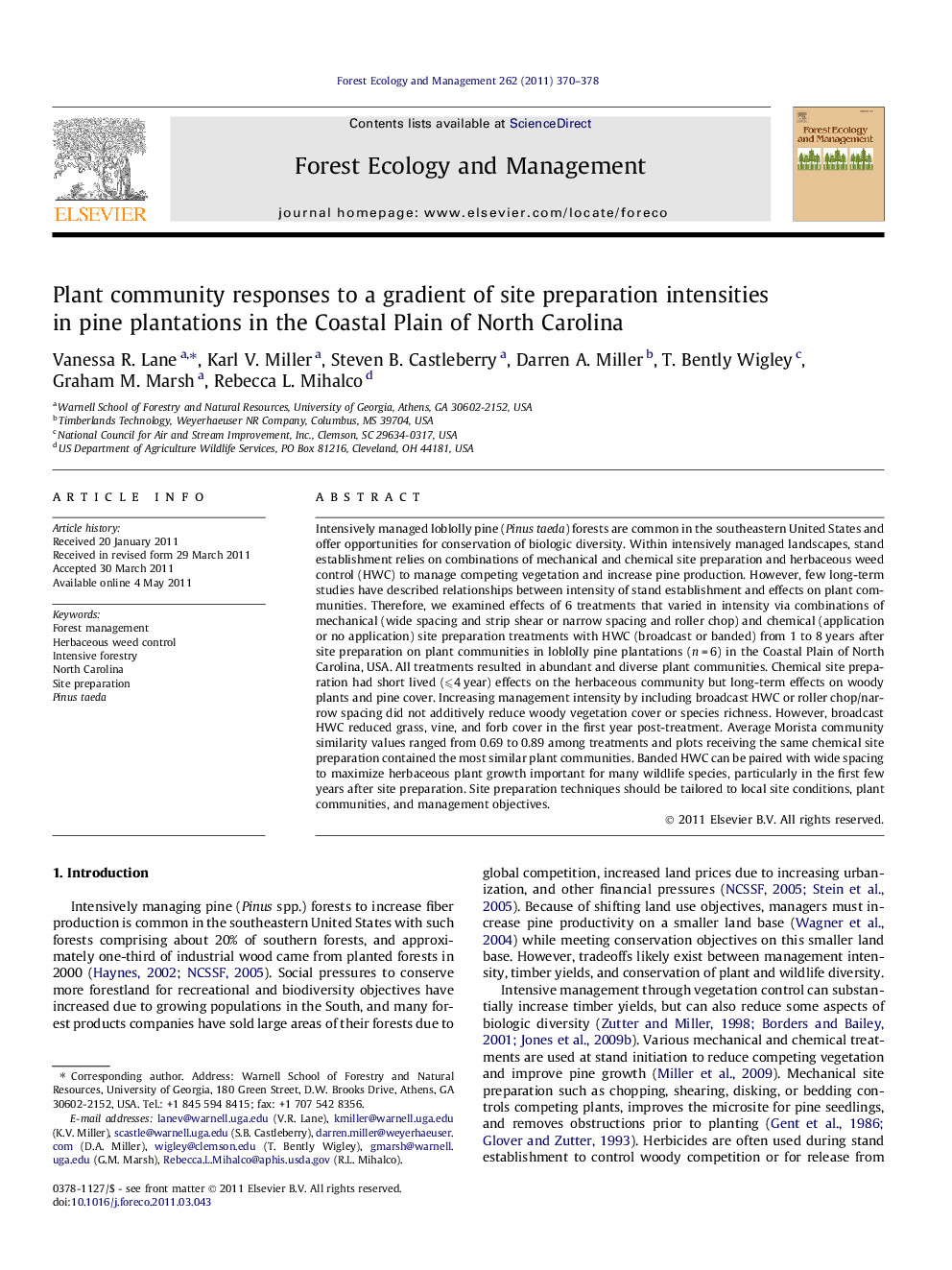 Plant community responses to a gradient of site preparation intensities in pine plantations in the Coastal Plain of North Carolina