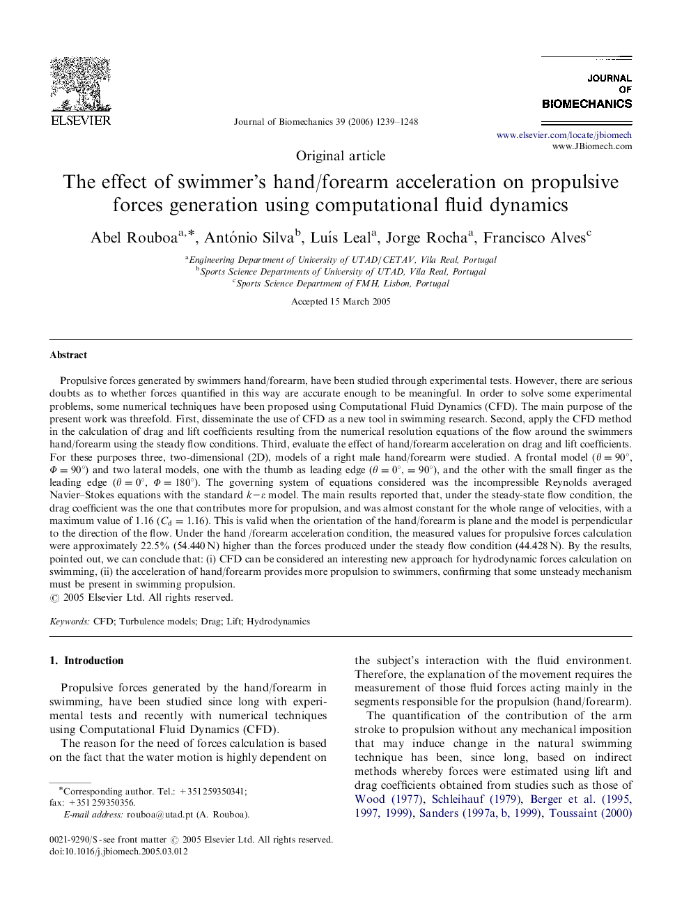 عکس صفحه اول مقاله: The effect of swimmer's hand/forearm acceleration on propulsive forces generation using computational fluid dynamics The effect of swimmer's hand/forearm acceleration on propulsive forces generation using computational fluid dynamics