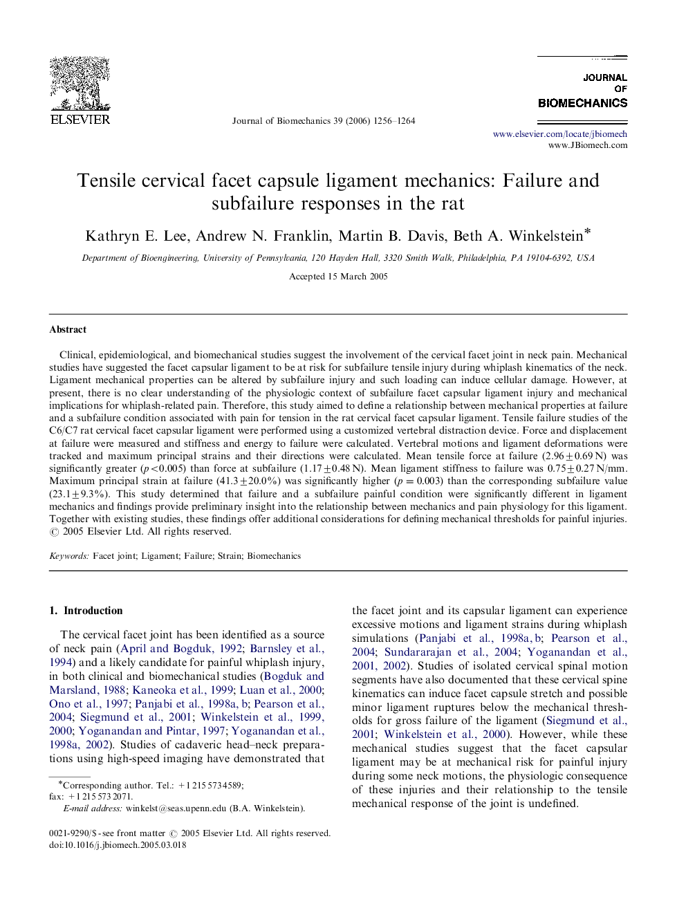 Tensile cervical facet capsule ligament mechanics: Failure and subfailure responses in the rat