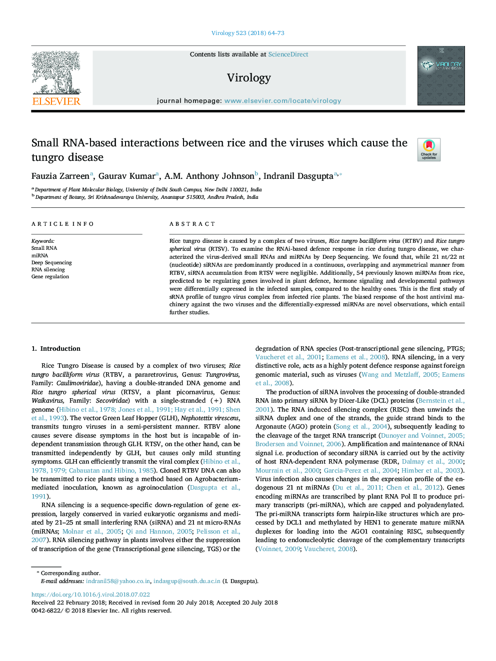 Small RNA-based interactions between rice and the viruses which cause the tungro disease