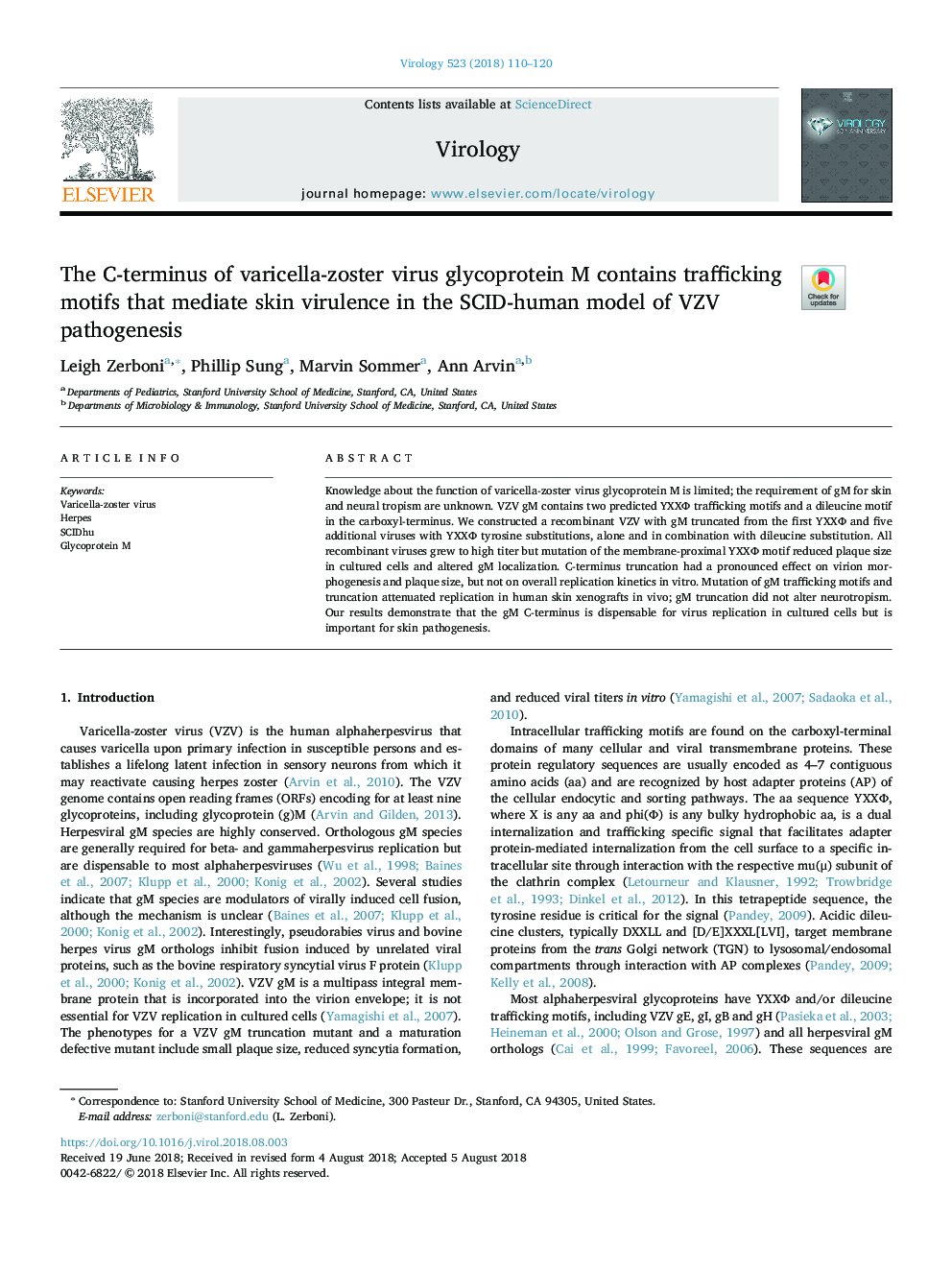 The C-terminus of varicella-zoster virus glycoprotein M contains trafficking motifs that mediate skin virulence in the SCID-human model of VZV pathogenesis