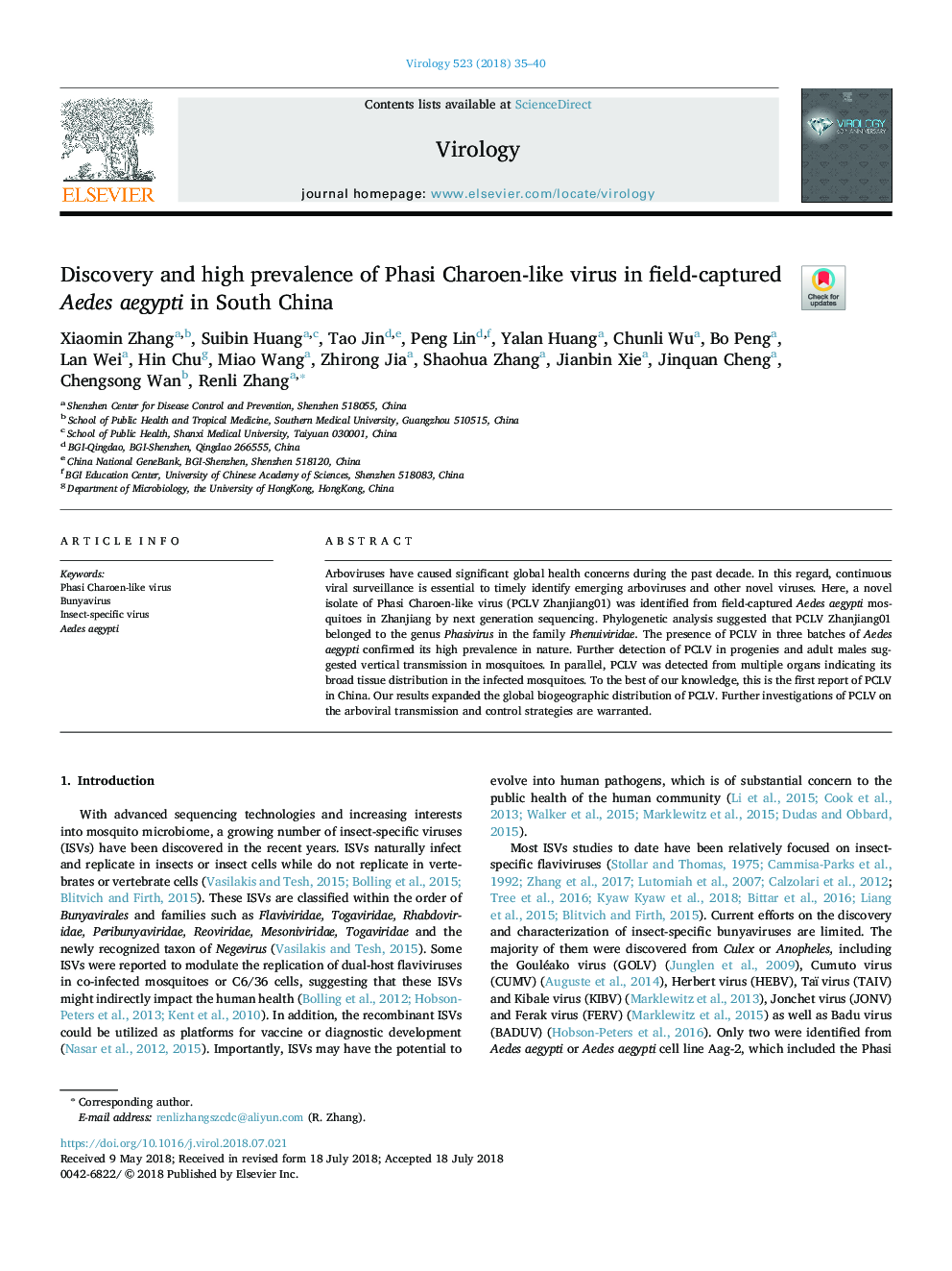 Discovery and high prevalence of Phasi Charoen-like virus in field-captured Aedes aegypti in South China