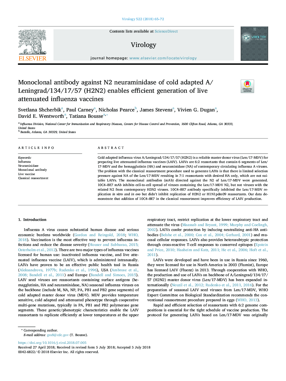 Monoclonal antibody against N2 neuraminidase of cold adapted A/Leningrad/134/17/57 (H2N2) enables efficient generation of live attenuated influenza vaccines