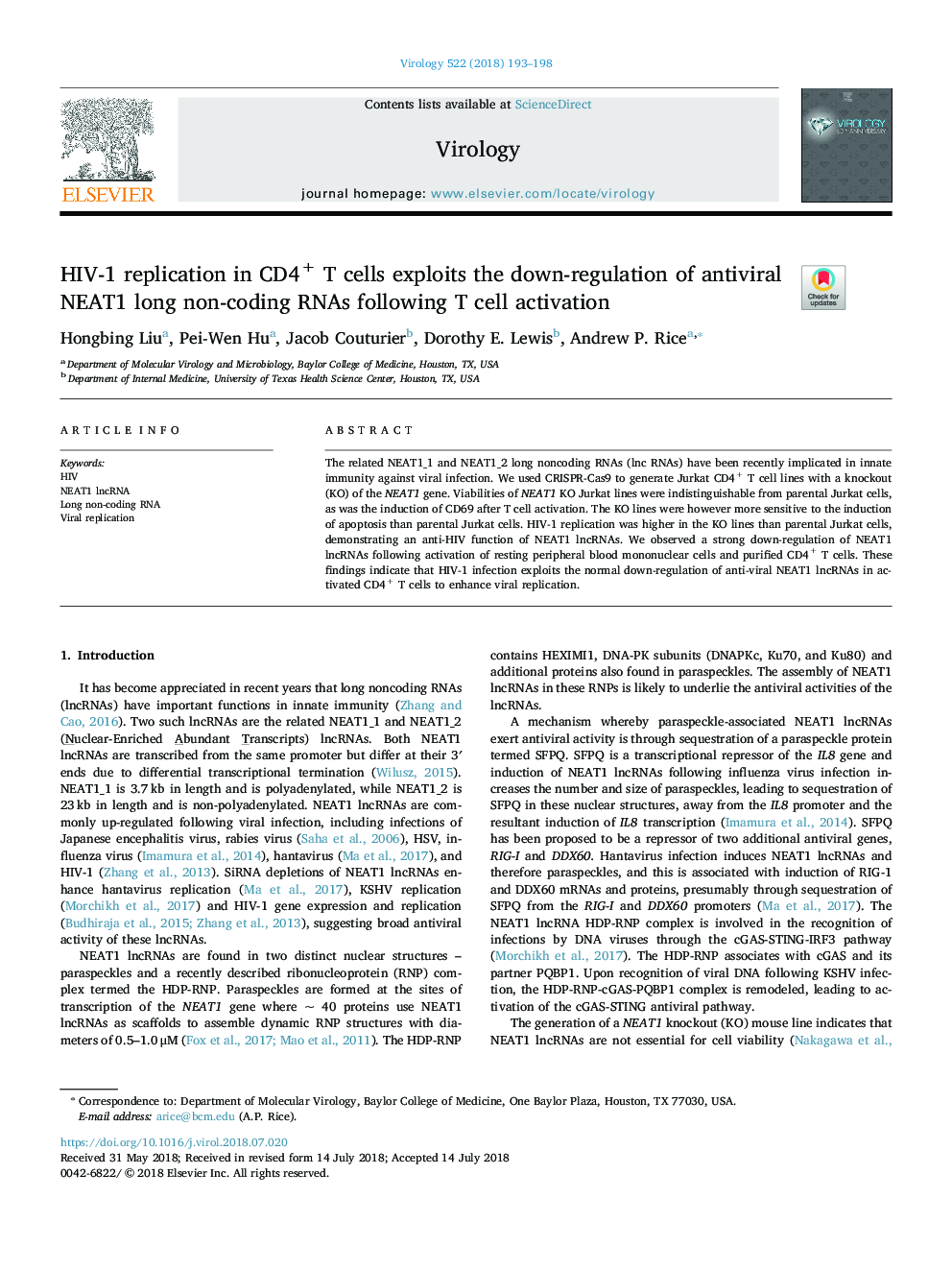 HIV-1 replication in CD4+ T cells exploits the down-regulation of antiviral NEAT1 long non-coding RNAs following T cell activation