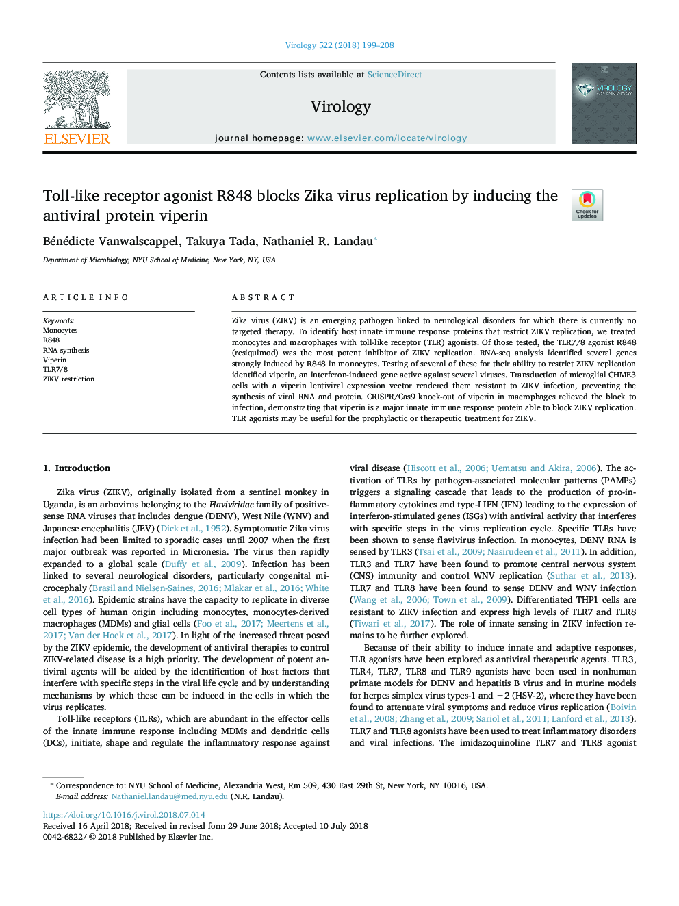 Toll-like receptor agonist R848 blocks Zika virus replication by inducing the antiviral protein viperin