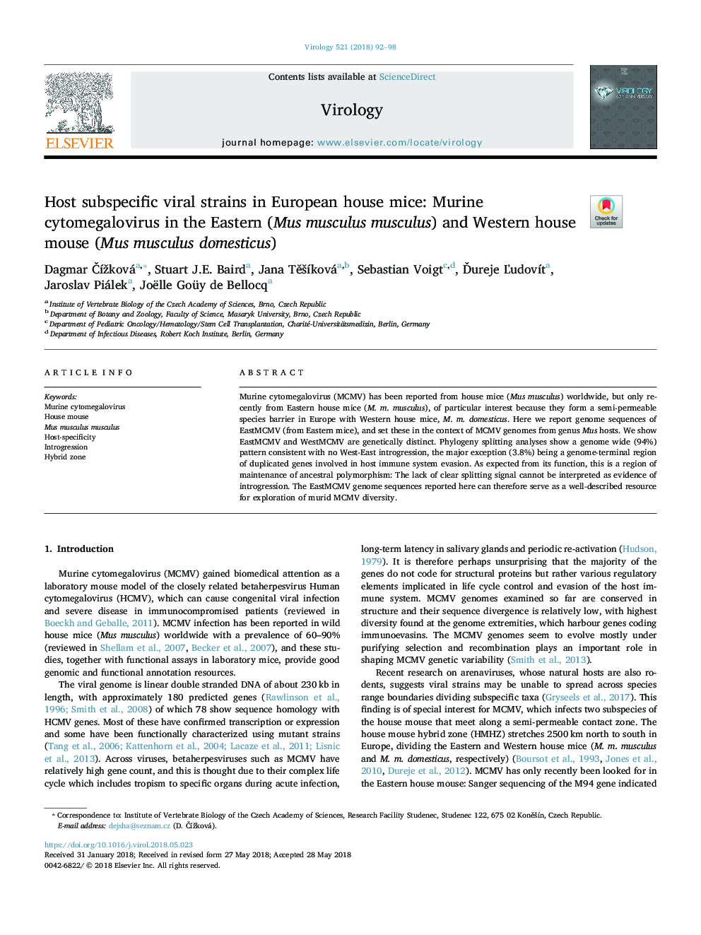 Host subspecific viral strains in European house mice: Murine cytomegalovirus in the Eastern (Mus musculus musculus) and Western house mouse (Mus musculus domesticus)