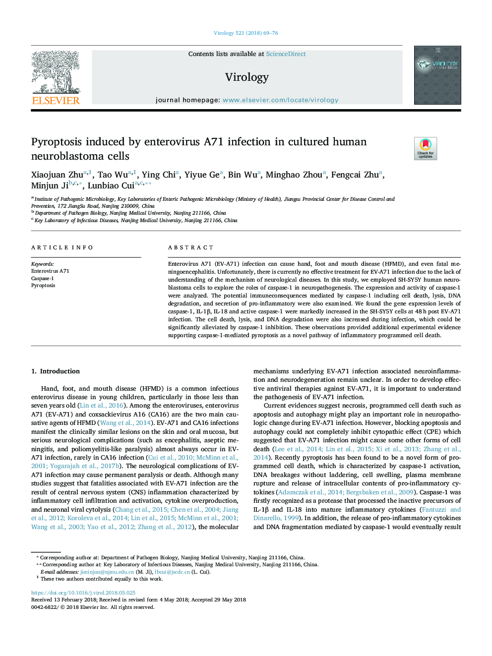 Pyroptosis induced by enterovirus A71 infection in cultured human neuroblastoma cells