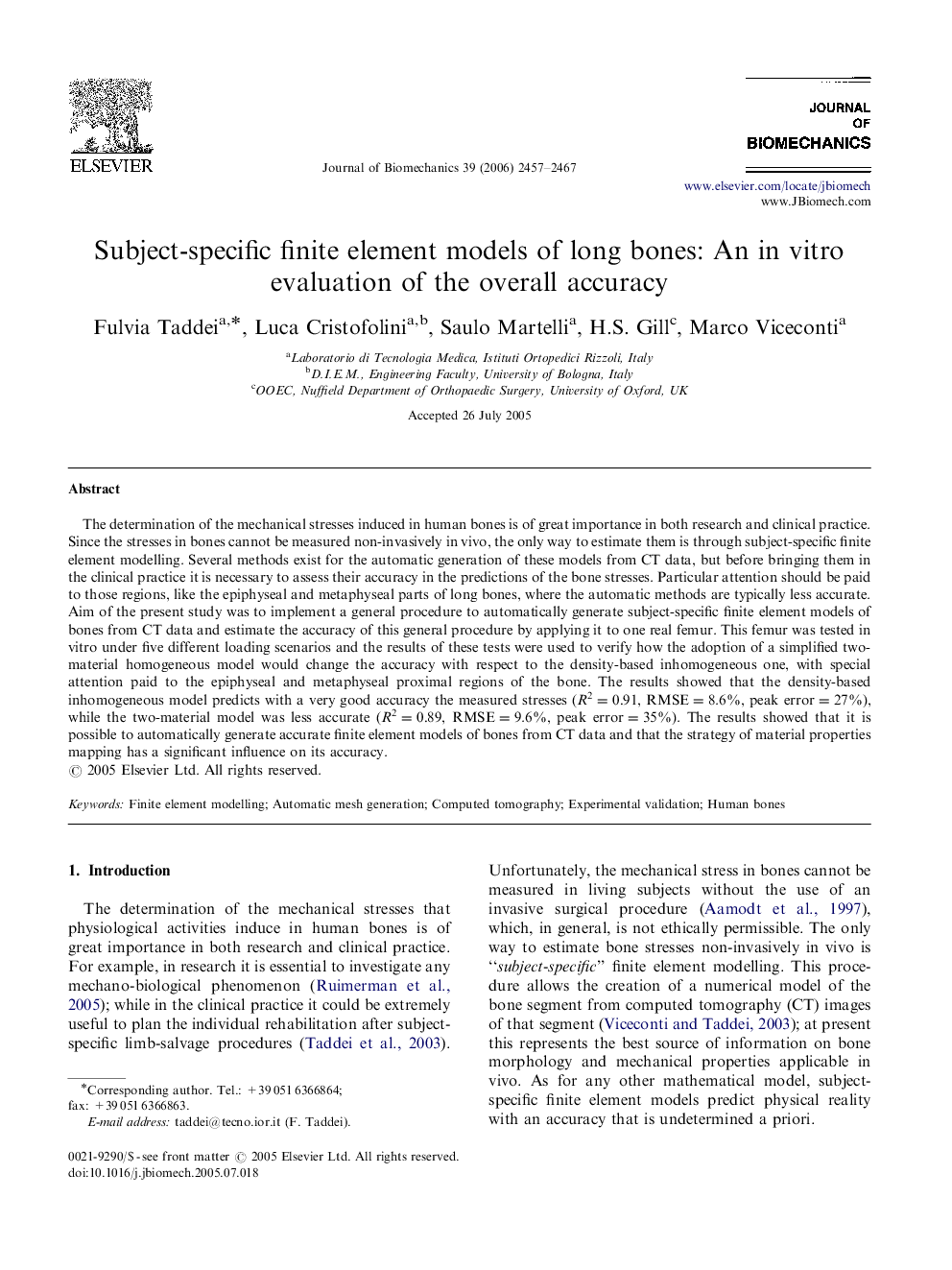 Subject-specific finite element models of long bones: An in vitro evaluation of the overall accuracy