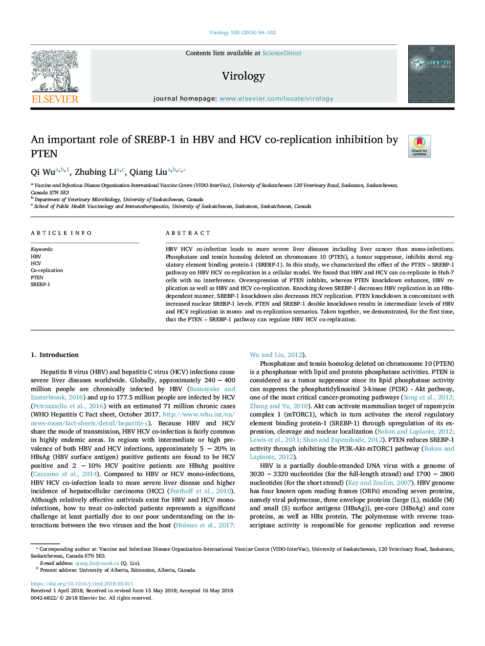 An important role of SREBP-1 in HBV and HCV co-replication inhibition by PTEN