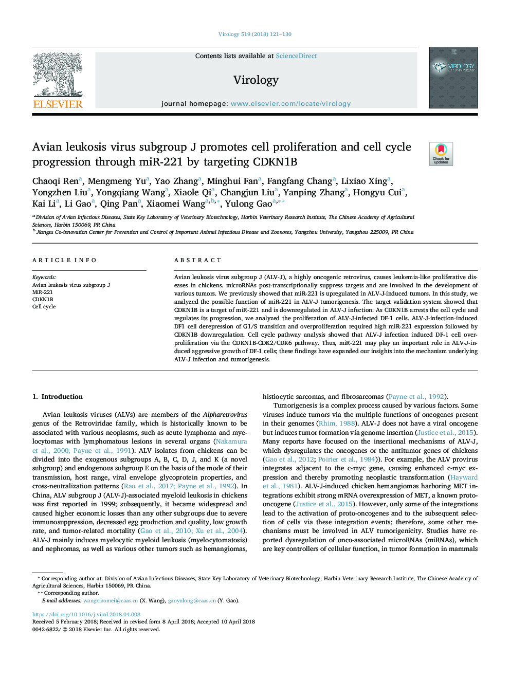 Avian leukosis virus subgroup J promotes cell proliferation and cell cycle progression through miR-221 by targeting CDKN1B