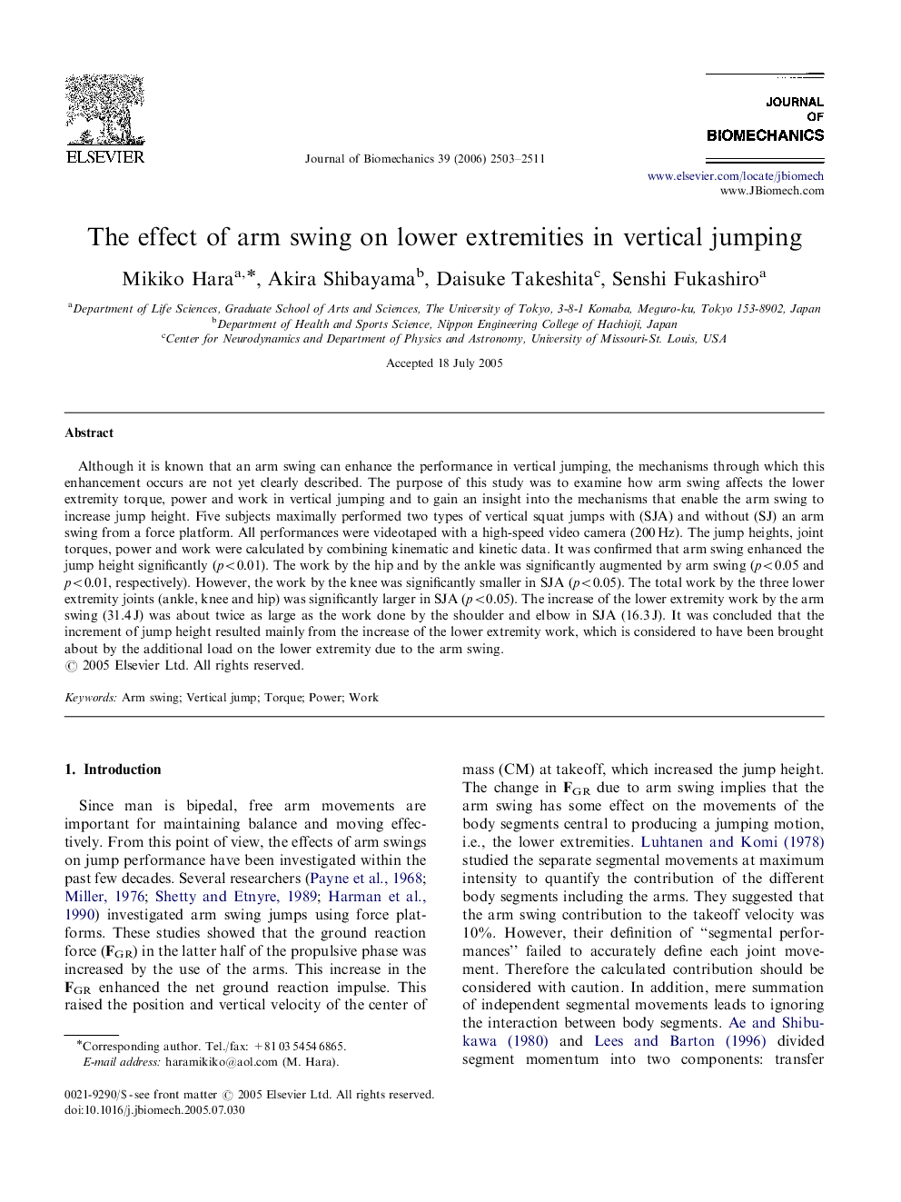 The effect of arm swing on lower extremities in vertical jumping