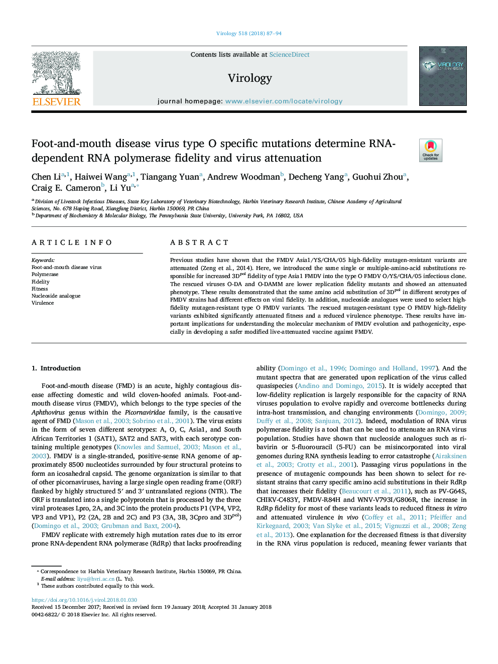 Foot-and-mouth disease virus type O specific mutations determine RNA-dependent RNA polymerase fidelity and virus attenuation