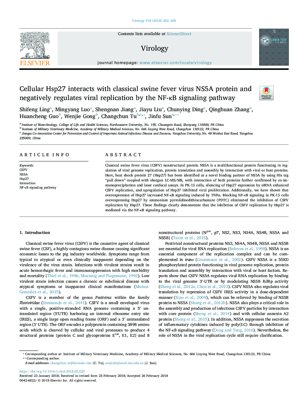 Cellular Hsp27 interacts with classical swine fever virus NS5A protein and negatively regulates viral replication by the NF-ÎºB signaling pathway