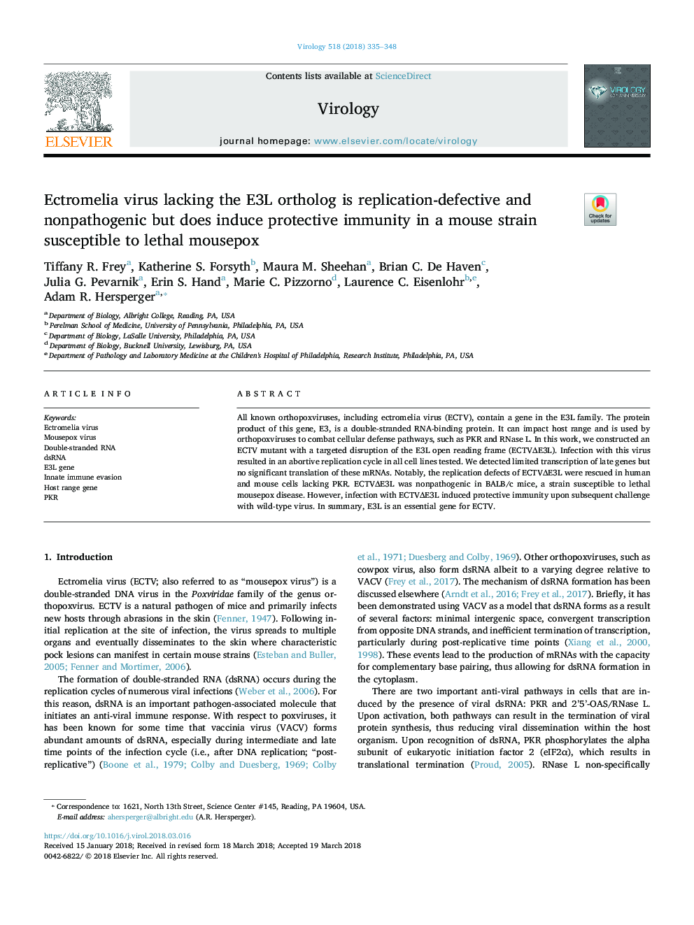 Ectromelia virus lacking the E3L ortholog is replication-defective and nonpathogenic but does induce protective immunity in a mouse strain susceptible to lethal mousepox