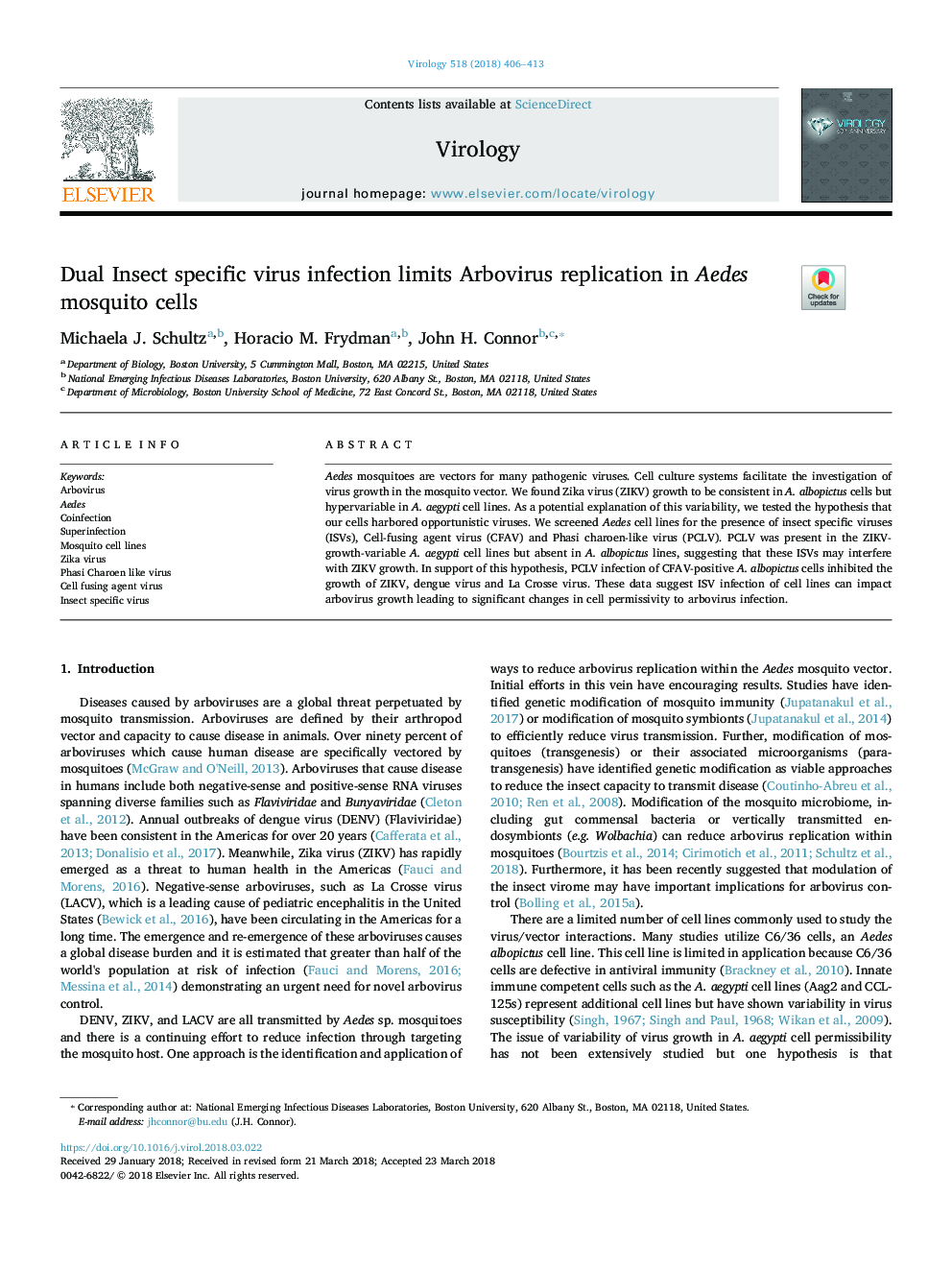 Dual Insect specific virus infection limits Arbovirus replication in Aedes mosquito cells