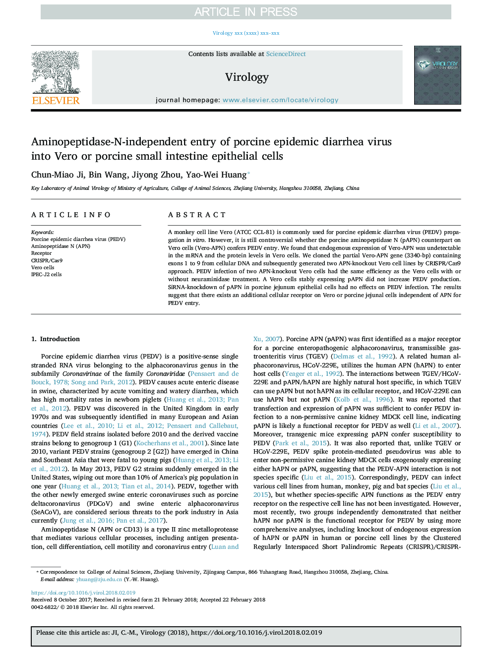 Aminopeptidase-N-independent entry of porcine epidemic diarrhea virus into Vero or porcine small intestine epithelial cells