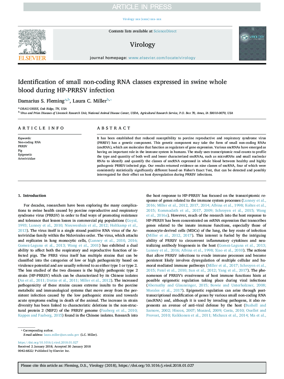 Identification of small non-coding RNA classes expressed in swine whole blood during HP-PRRSV infection